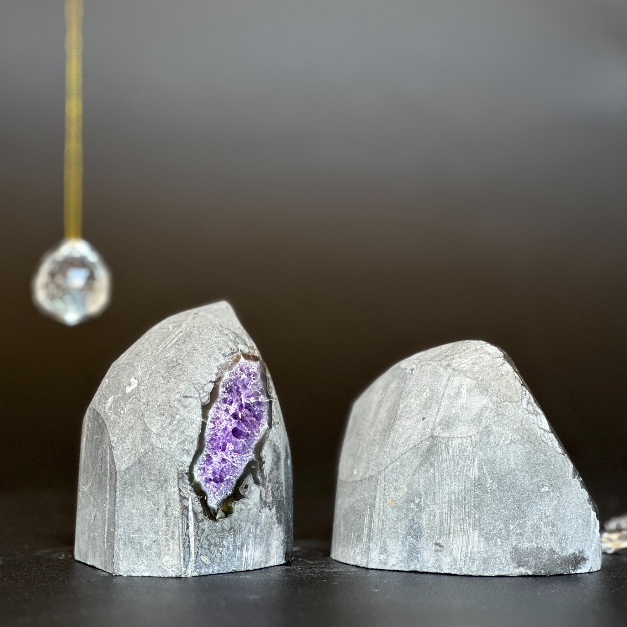 Two gray amethyst clusters with vibrant purple crystals and agate layers, 3.5 inches tall.