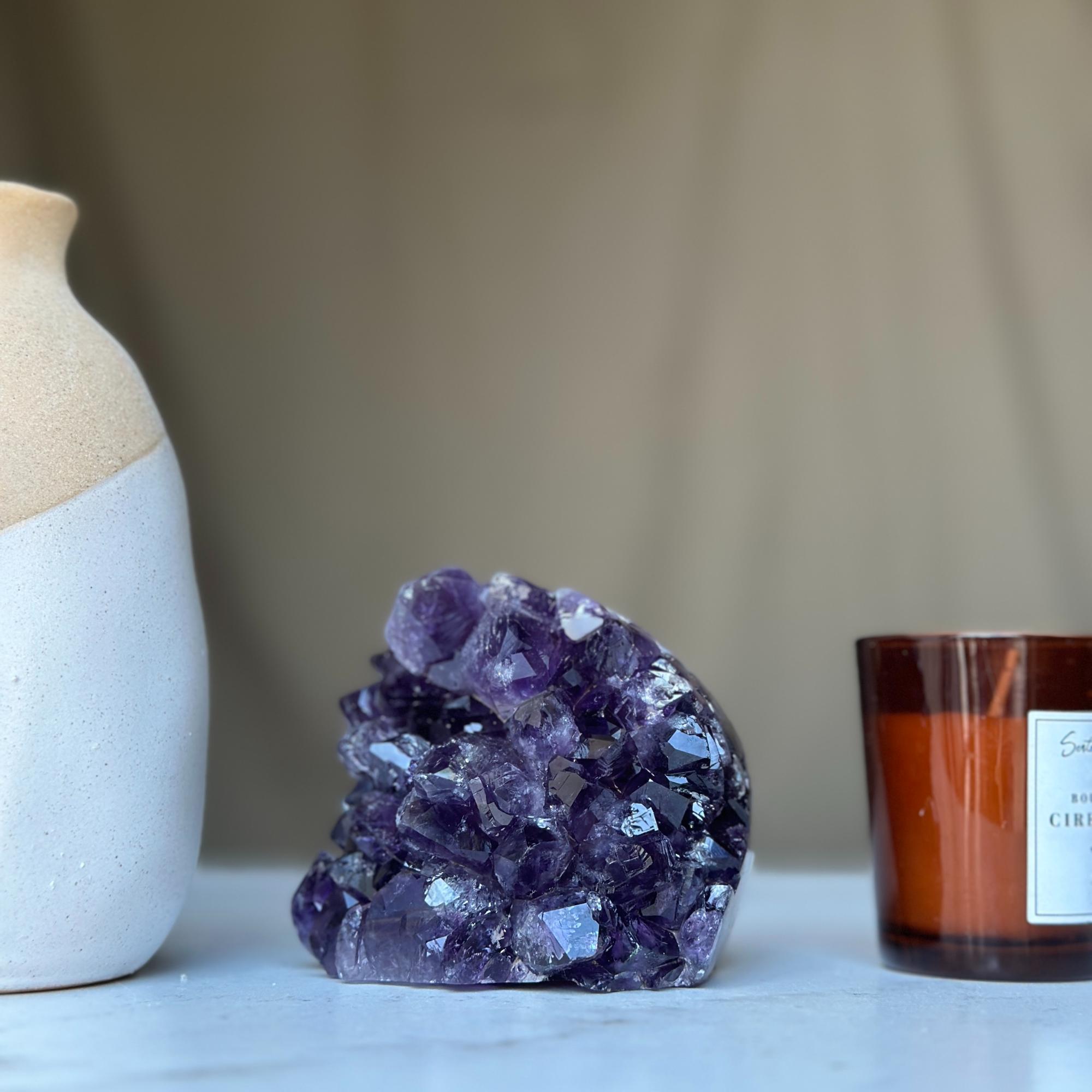 Deep purple amethyst geode crystal cluster, sparkling facets, 3.5x3 inch large Uruguayan stone.