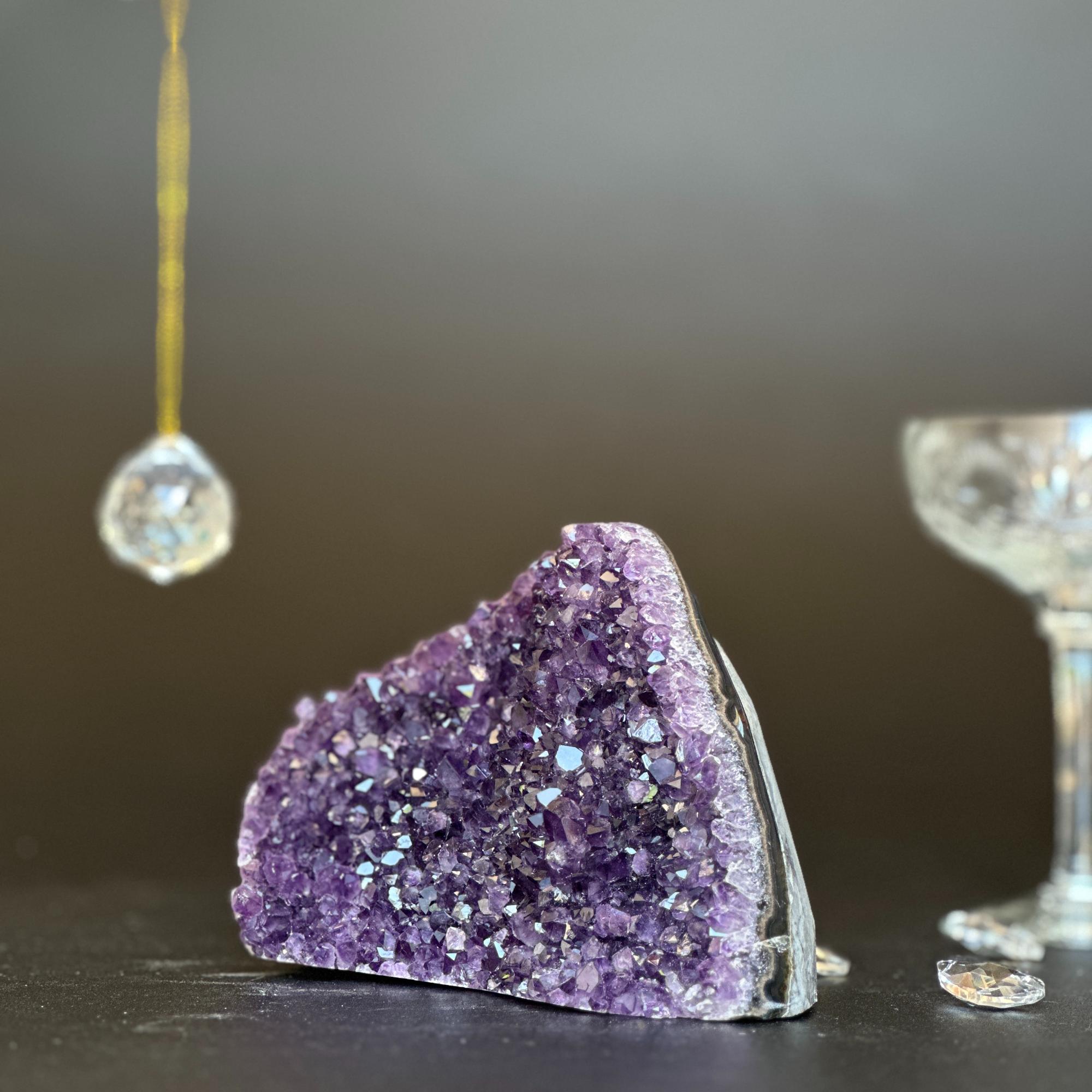 Vibrant deep purple amethyst geode crystal cluster, 4.5x4 inches, with sparkling raw crystals.