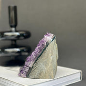 Vibrant deep purple Uruguayan cathedral amethyst raw stone, 4-inch tall crystal cluster.