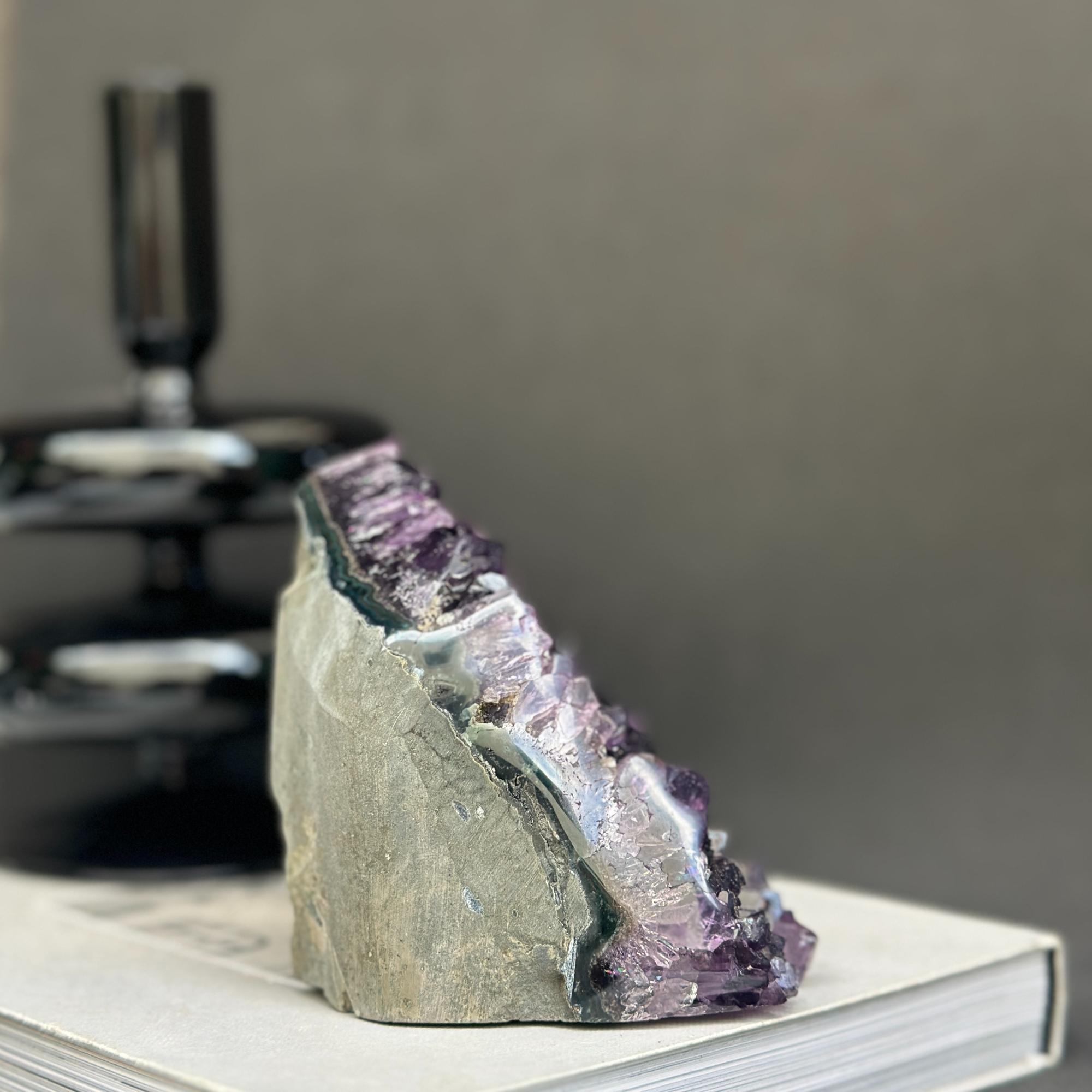 Deep purple Uruguayan cathedral amethyst raw stone, 4-inch tall crystal cluster.