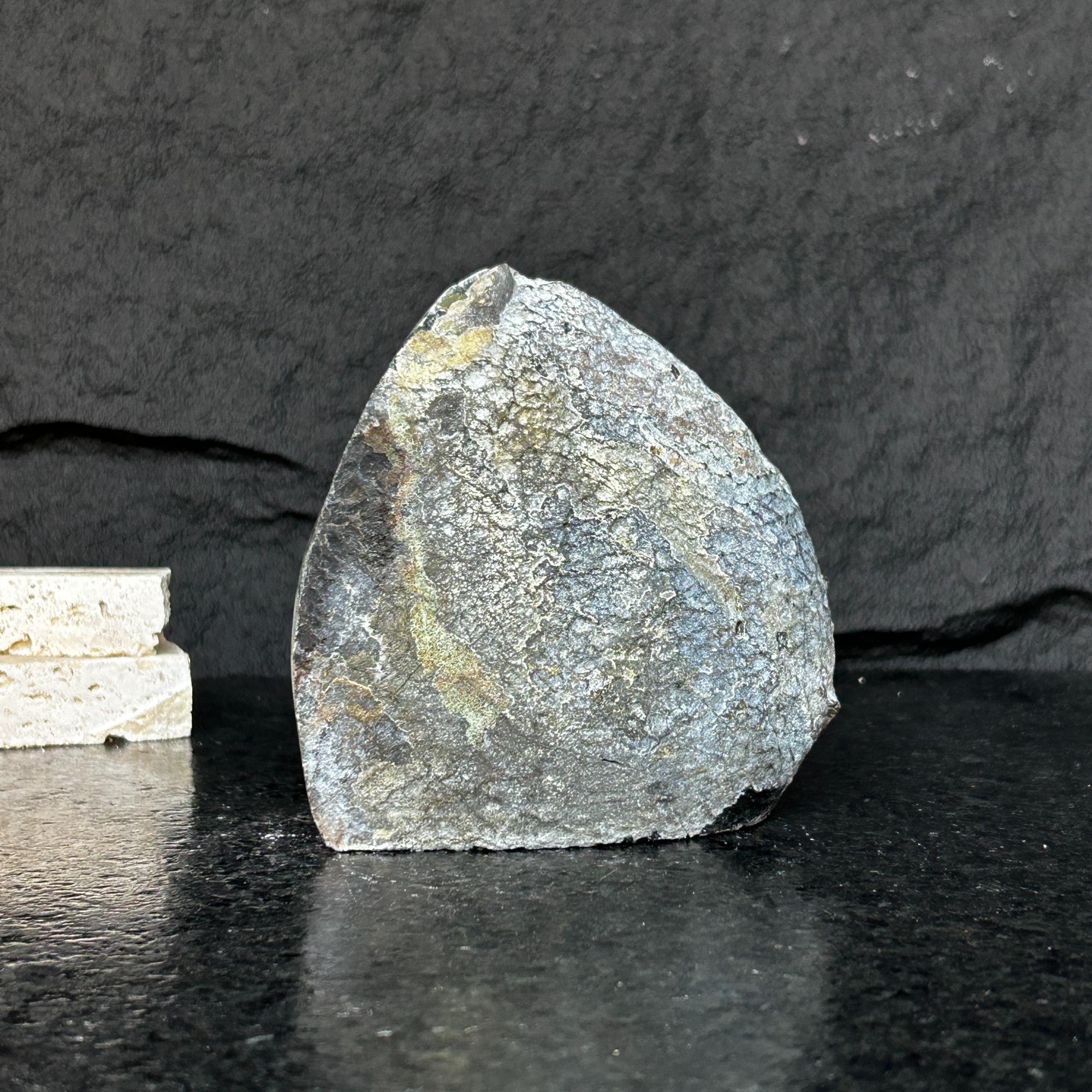 Uruguayan amethyst geode, cut base, with gray and green agate edges, 4.5 in. tall.