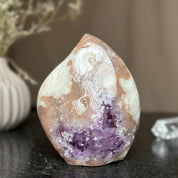 Polished agate and amethyst flame cluster, 6-inch tall, with vibrant purple crystals and white-brown banding.