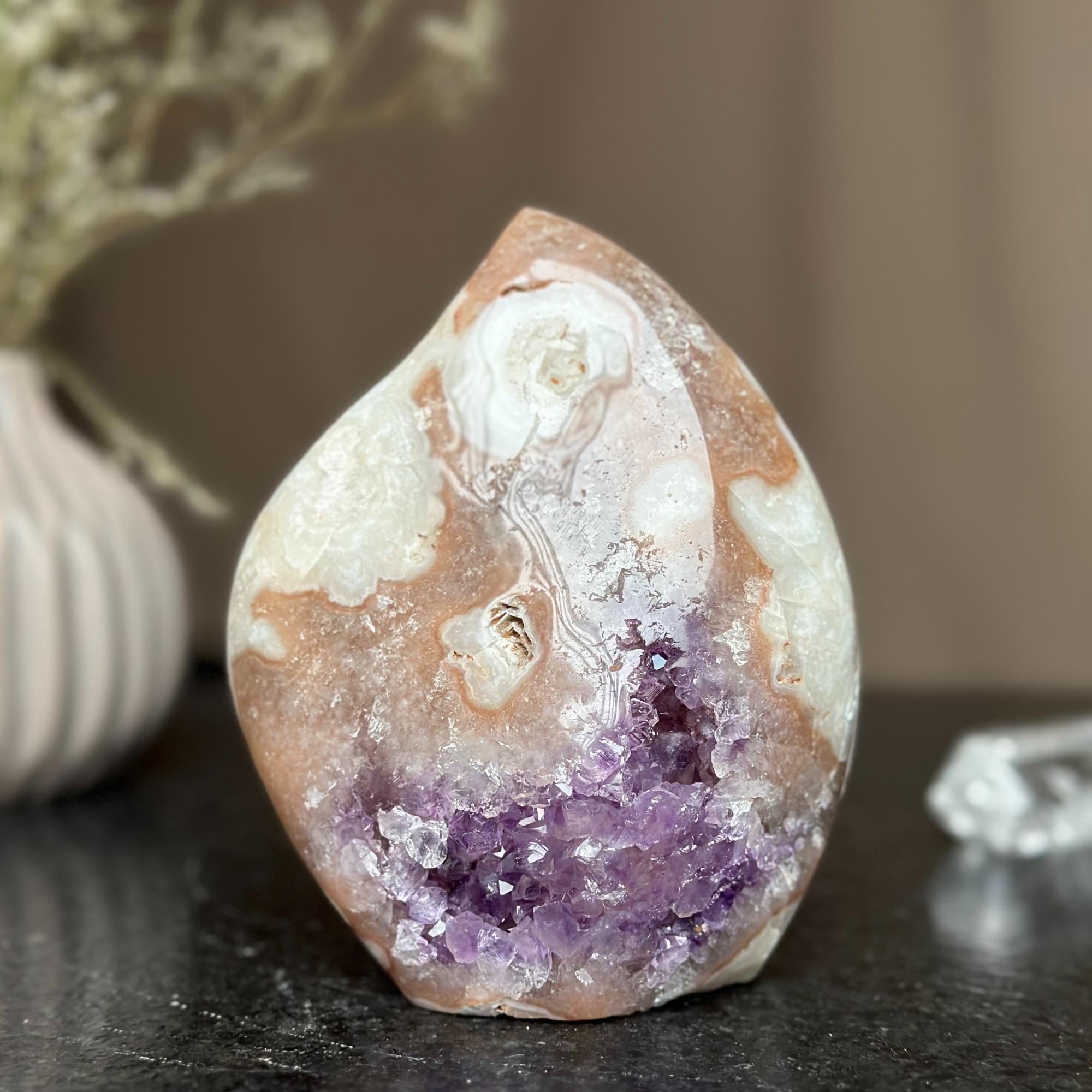 Polished agate and amethyst flame cluster, 6-inch tall, with vibrant purple crystals and white-brown banding.