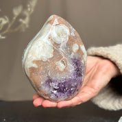 Polished agate and amethyst flame cluster, 6-inch tall, with purple crystal geode and brown-white swirls.
