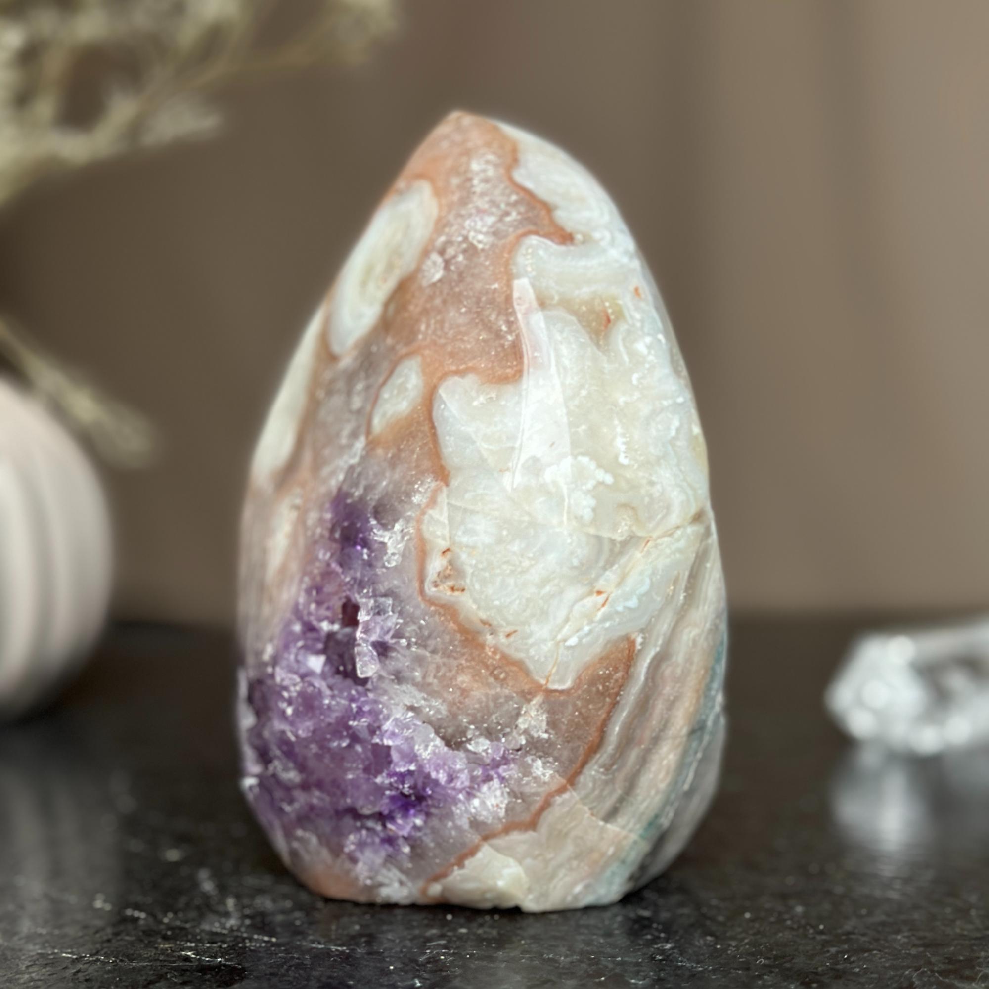 Polished 6-inch flame-shaped amethyst and agate crystal cluster with purple, white, and brown swirls.