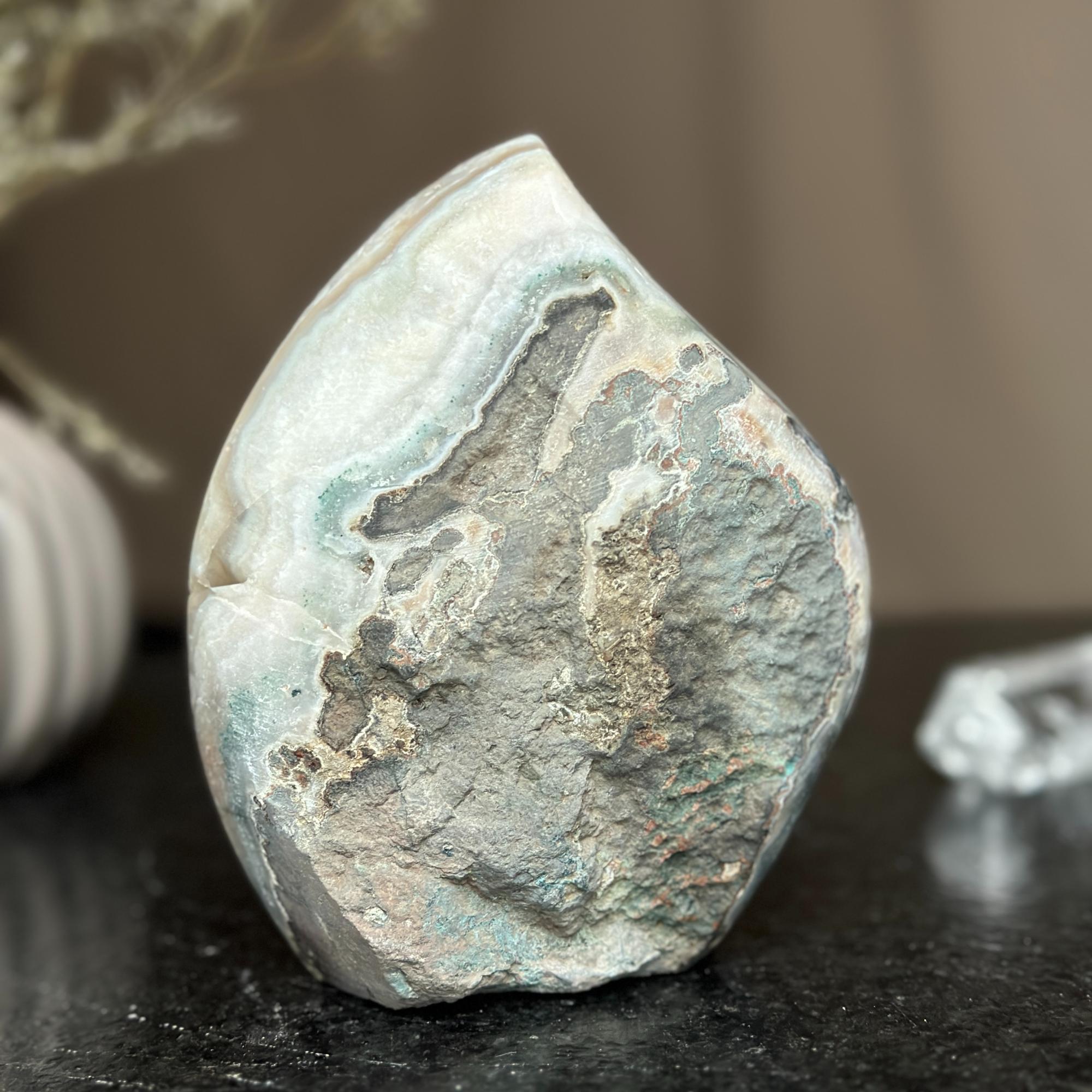 Polished natural agate and amethyst flame cluster, 6-inch tall, with rough grey and smooth white-green layers.