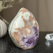 Polished 6-inch flame cluster of natural Uruguayan agate and amethyst with purple crystals.
