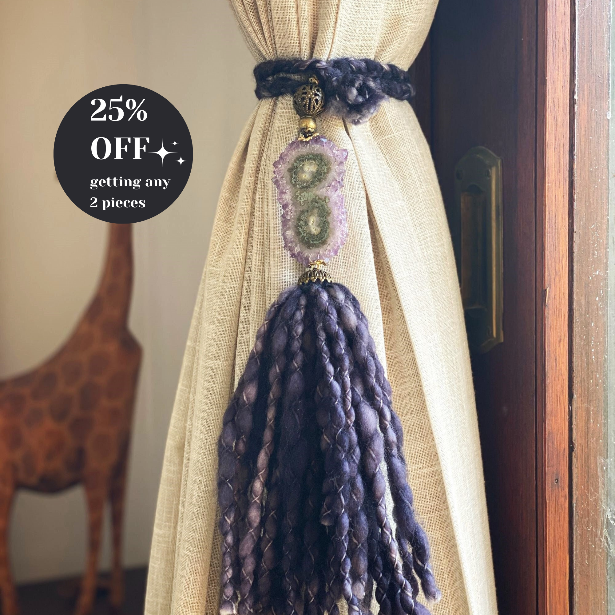 Curtains Tie Back with Amethyst Crystal and Merino Wool Tassels, Garla