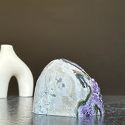Self-standing cut base amethyst crystal cluster, 3x3 inch, with deep purple crystals and natural gray rock.