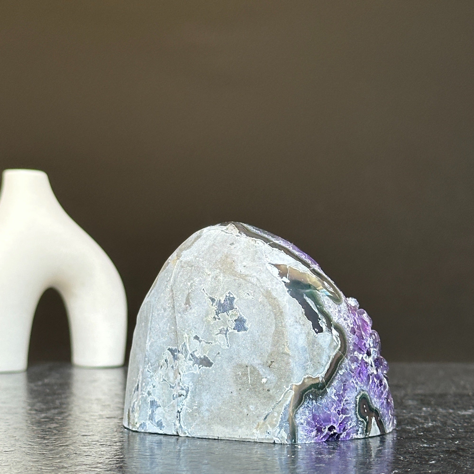 Self-standing cut base amethyst crystal cluster, 3x3 inch, with deep purple crystals and natural gray rock.