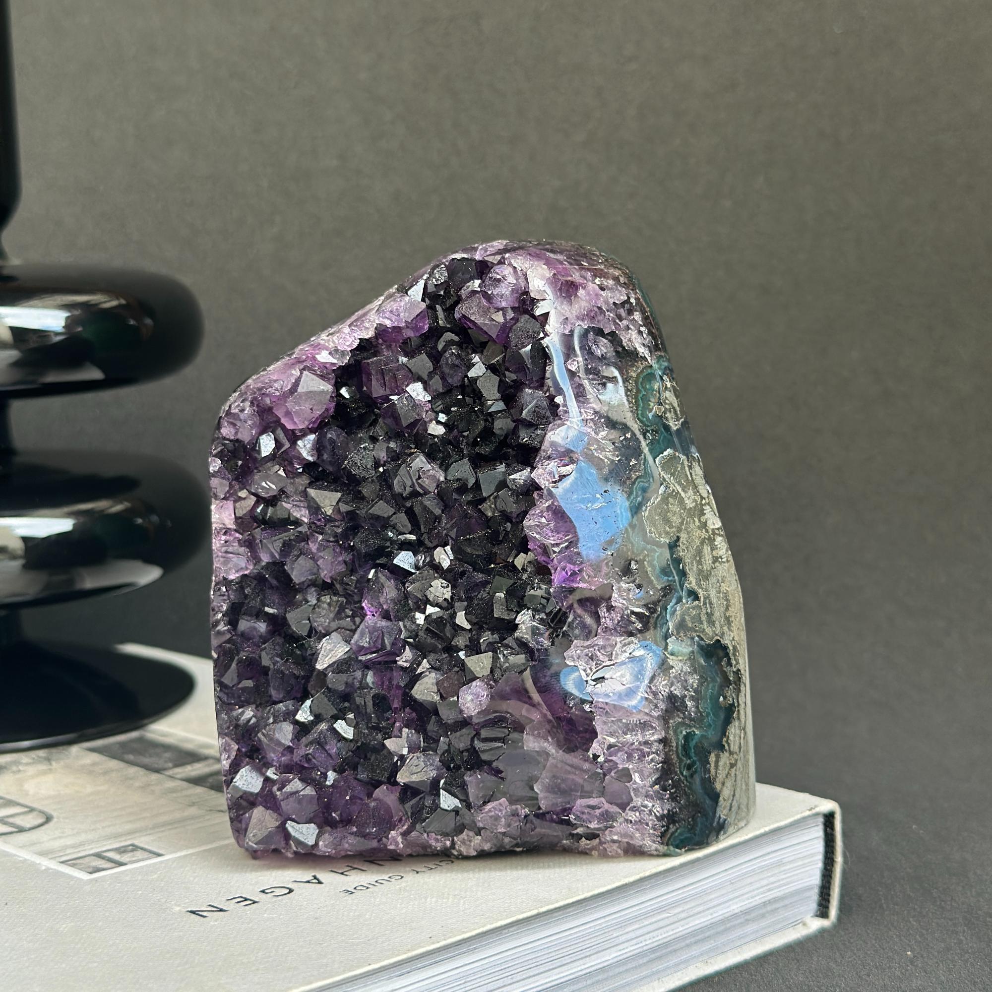 Deep purple amethyst cathedral geode with green agate, self-standing raw crystal cluster.