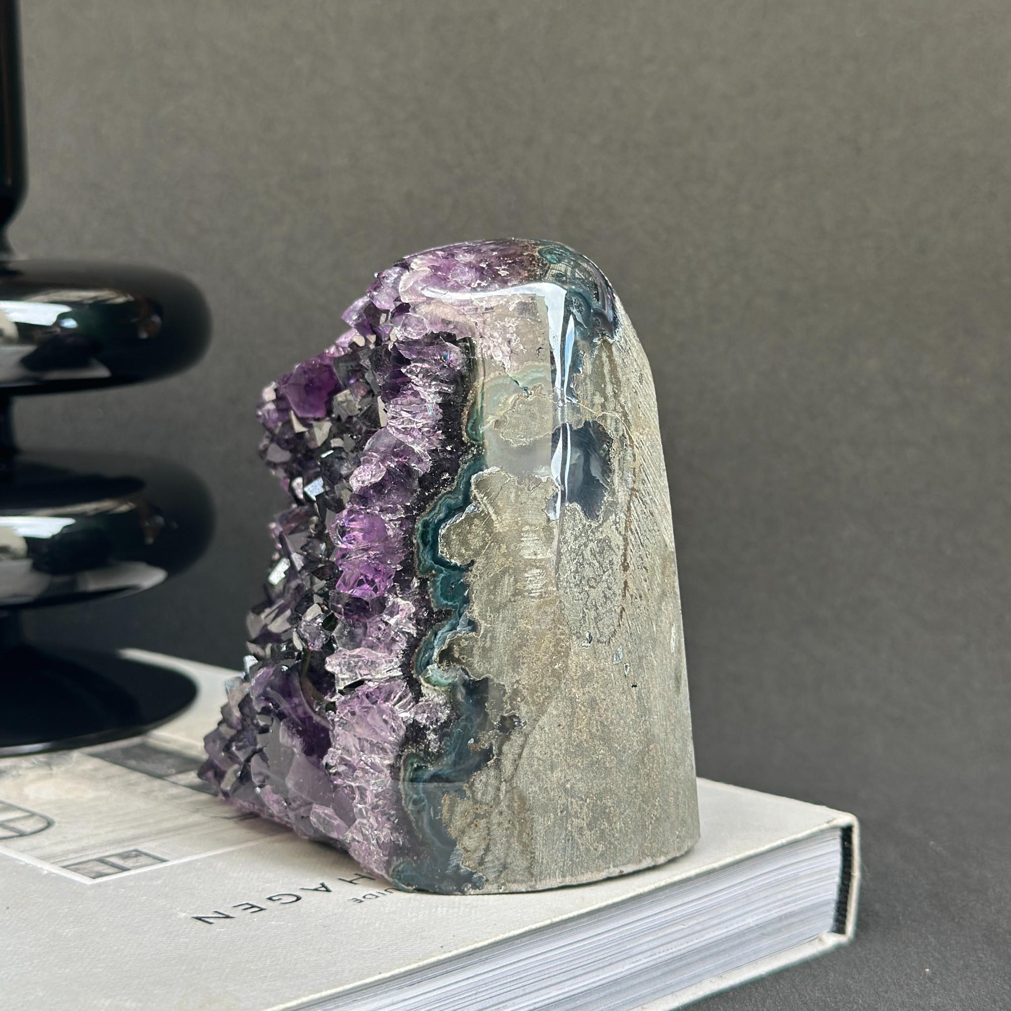 Deep purple amethyst cathedral geode with green agate, self-standing raw crystal cluster.