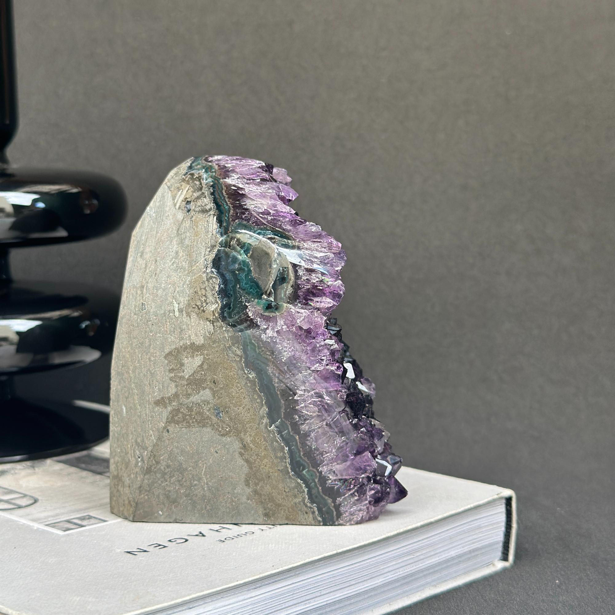 Deep purple amethyst cathedral geode with green agate, self-standing raw crystal cluster.