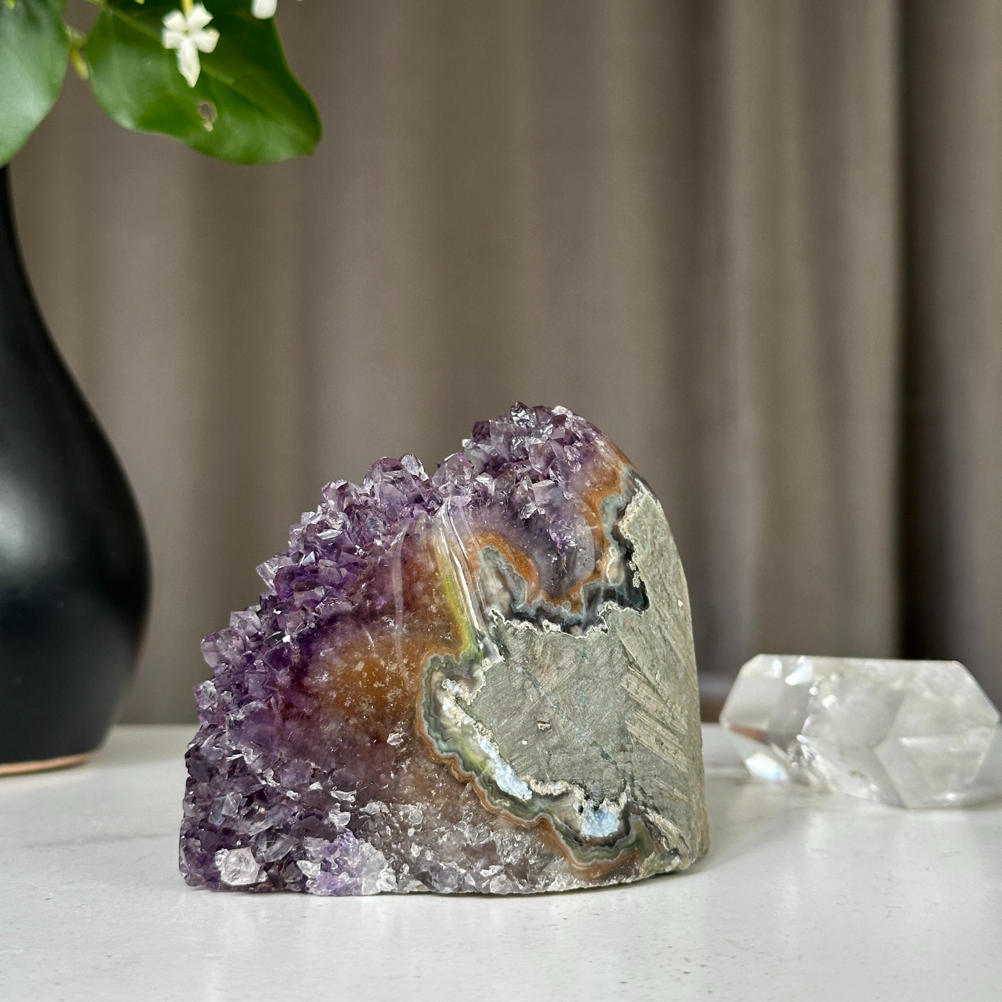 Deep purple Uruguayan amethyst geode cluster, 3x3 inch, with raw crystal points and natural rock base.