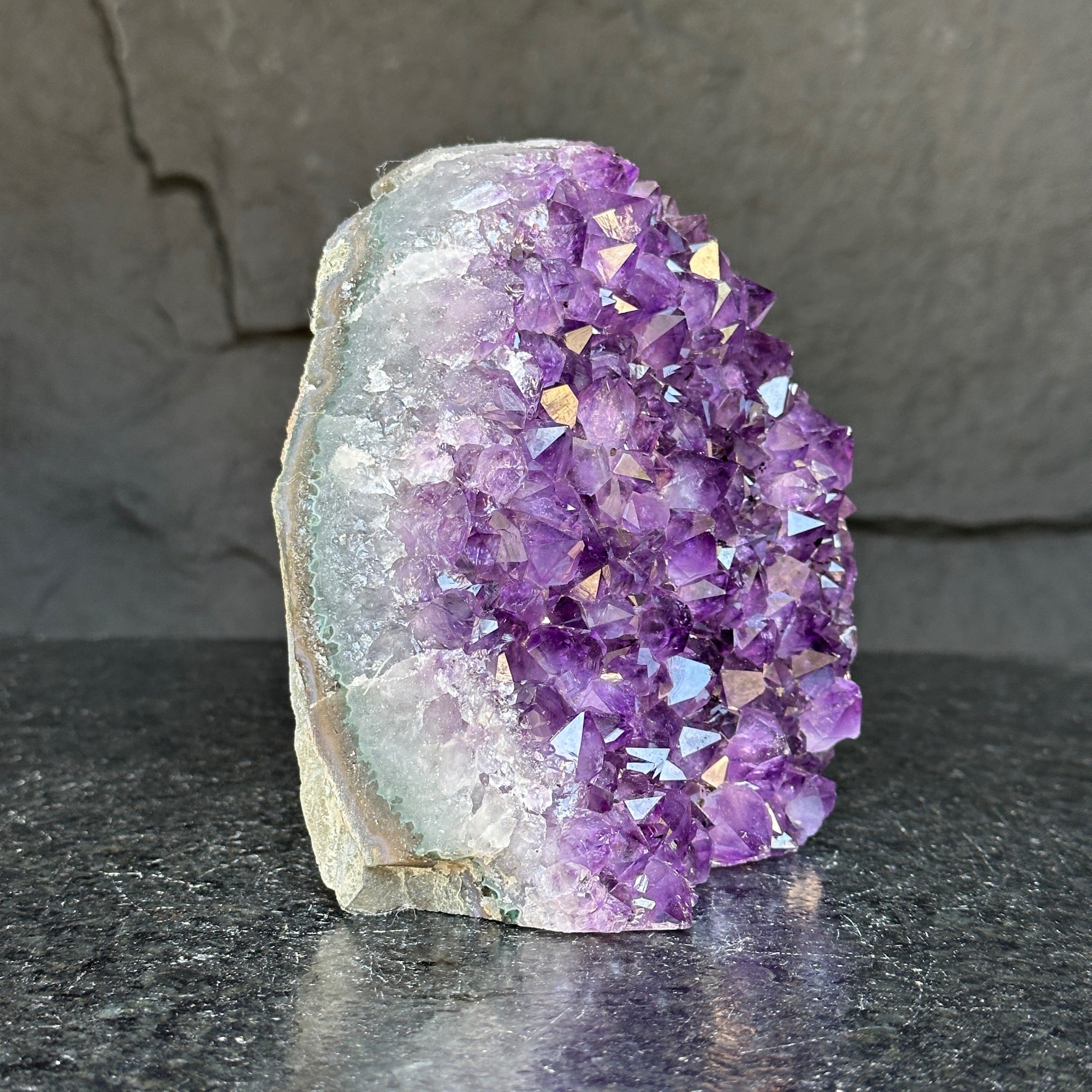 Deep purple amethyst cathedral geode with sparkling crystals and calcite formation, 6-inch tall.