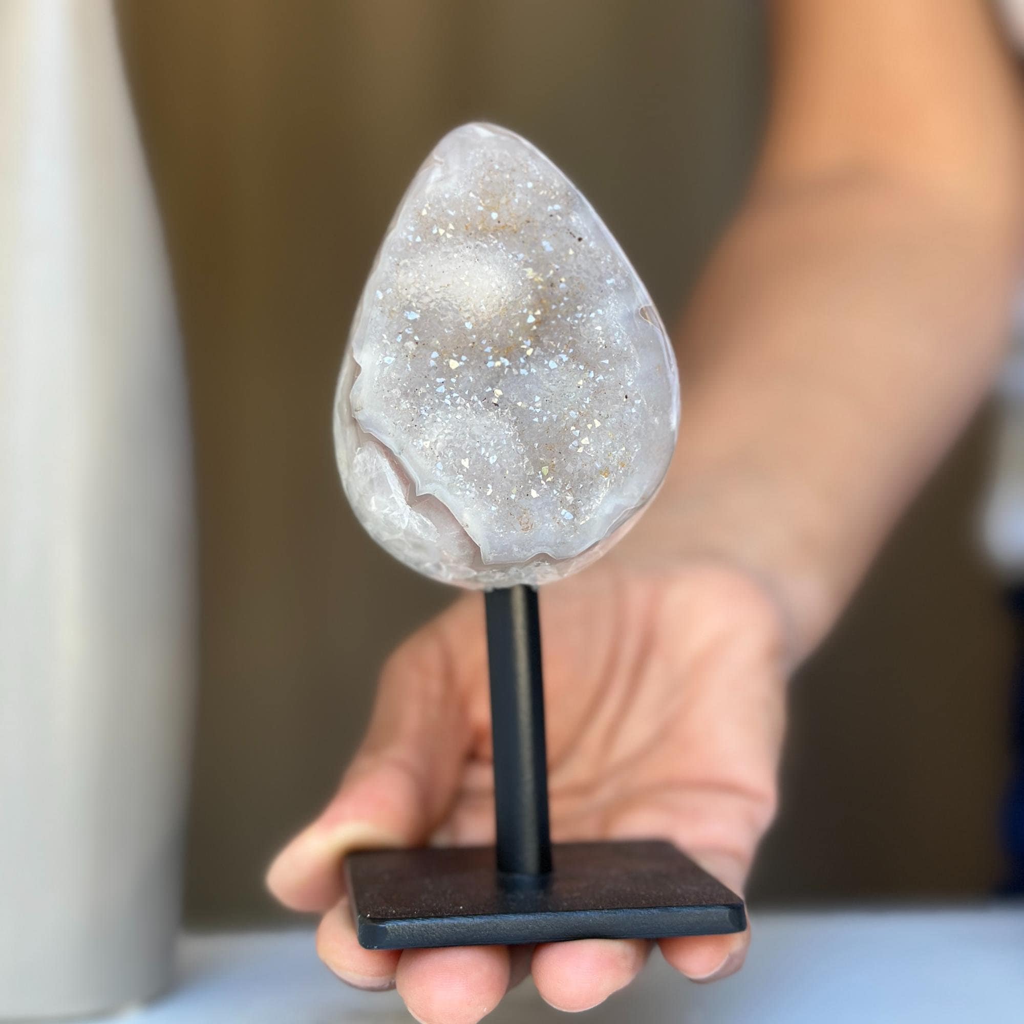 Egg Shaped Crystal on Stand, Agate and Pink Amethyst, Rare Unique Jasper and Agate Crystal on Metal Stand, Elevate your home decor