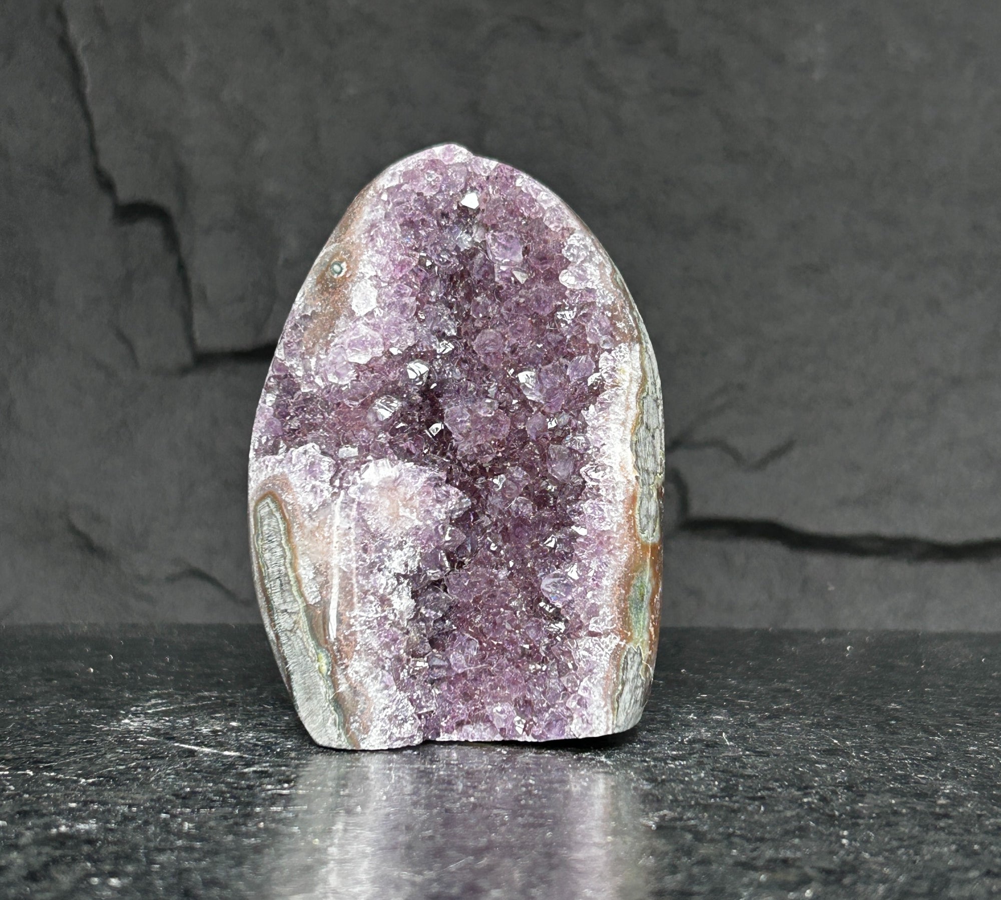 Extra large 5-inch tall amethyst cluster geode with sparkling deep purple crystals and natural grey rock.