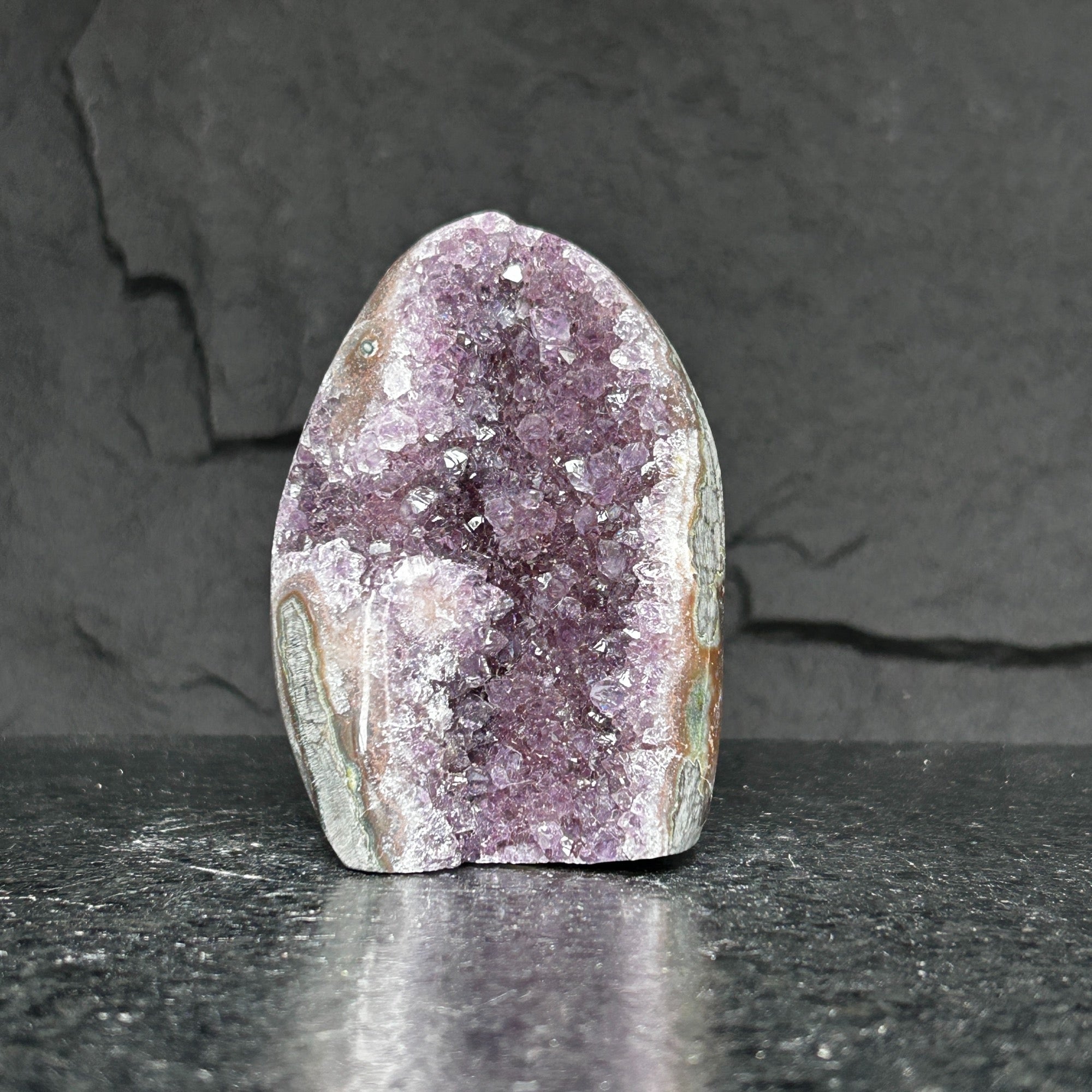Extra large 5-inch tall amethyst cluster geode with sparkling deep purple crystals and natural grey rock.