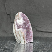 Extra large amethyst crystal cluster, 5-inch tall, showcasing sparkling deep purple crystals and natural gray-brown banded rock.