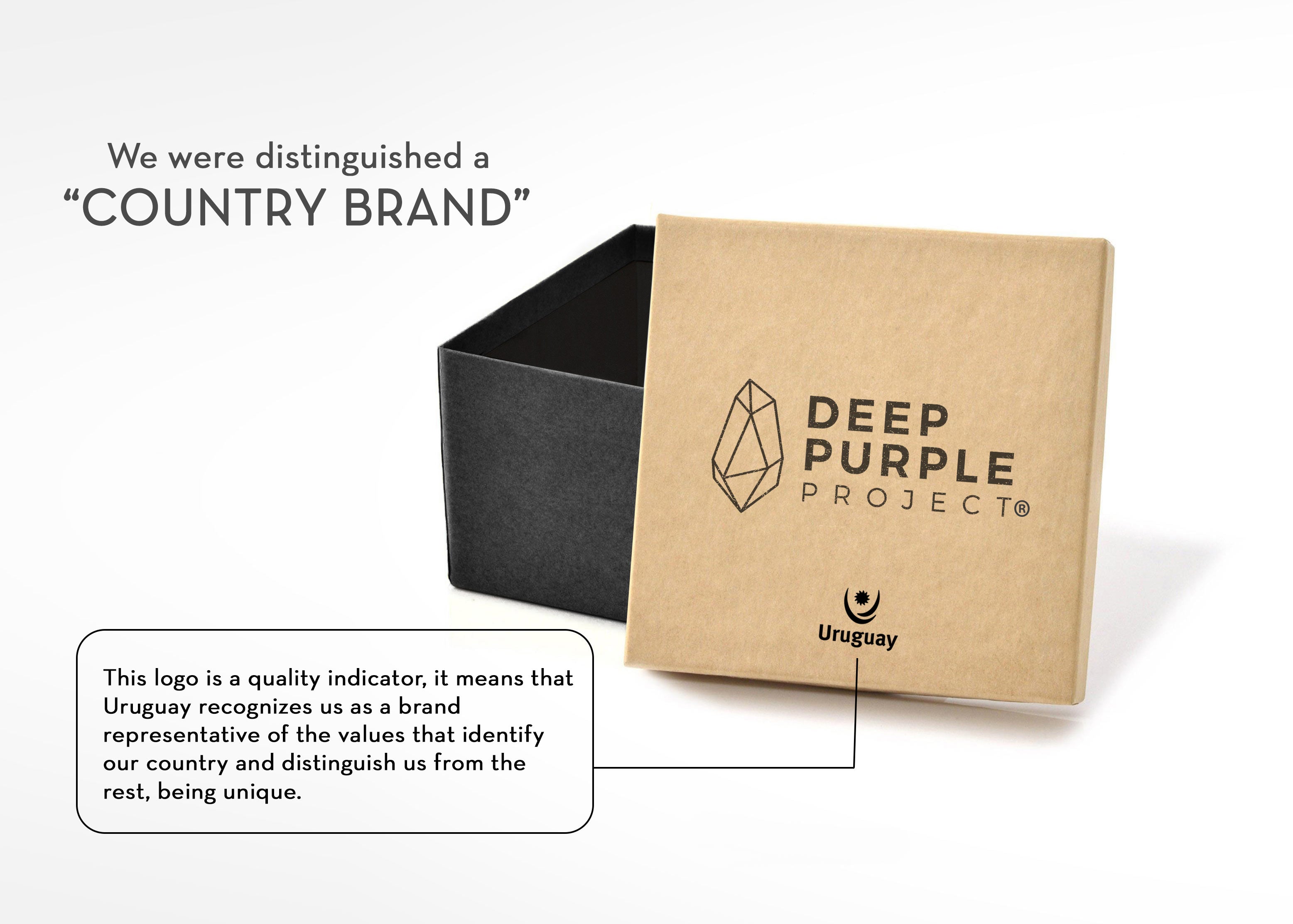 Brown cardboard box with a black lid, featuring the Deep Purple Project crystal logo and Uruguay brand.