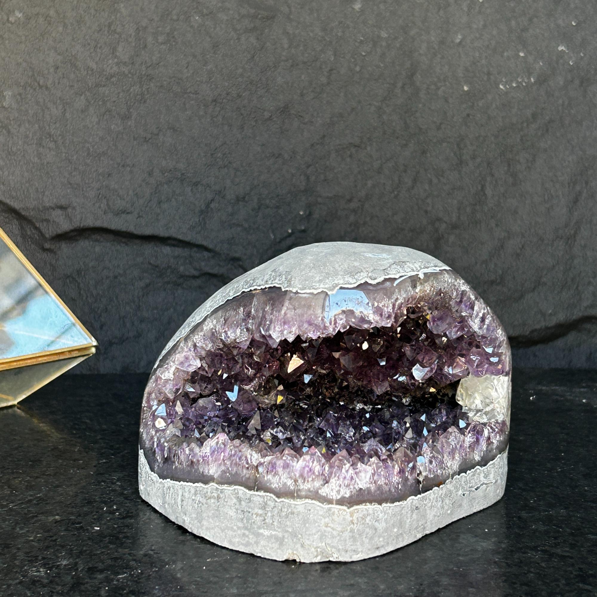 Flat Natural Amethyst Geode Centerpiece With Agate Layers