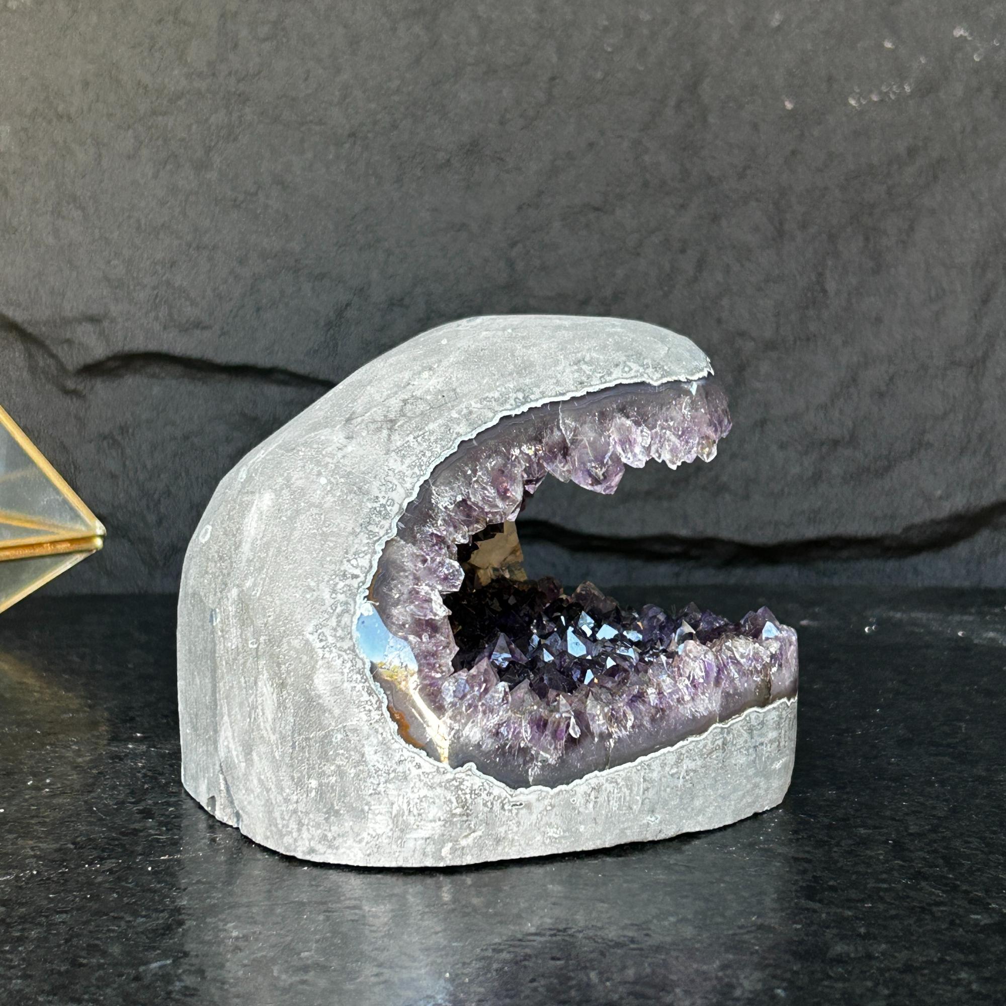 Flat Natural Amethyst Geode Centerpiece With Agate Layers