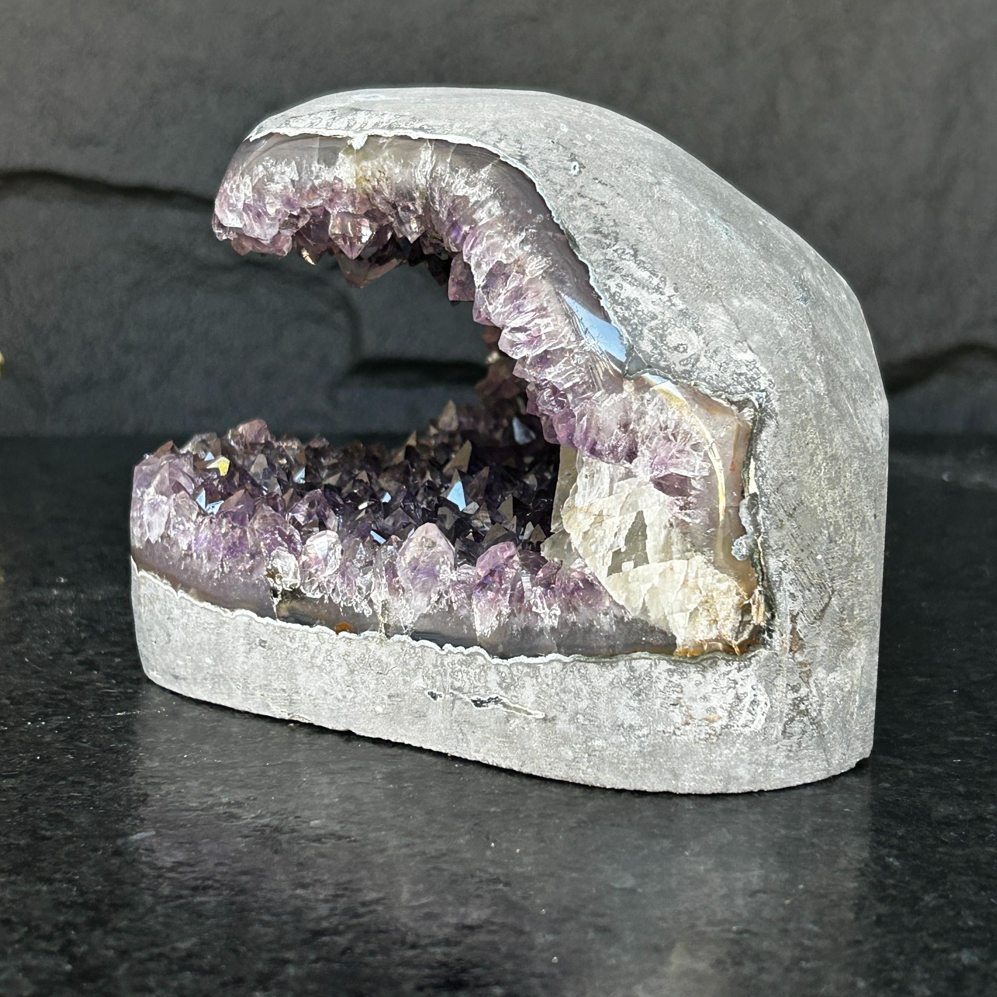 Flat Natural Amethyst Geode Centerpiece With Agate Layers