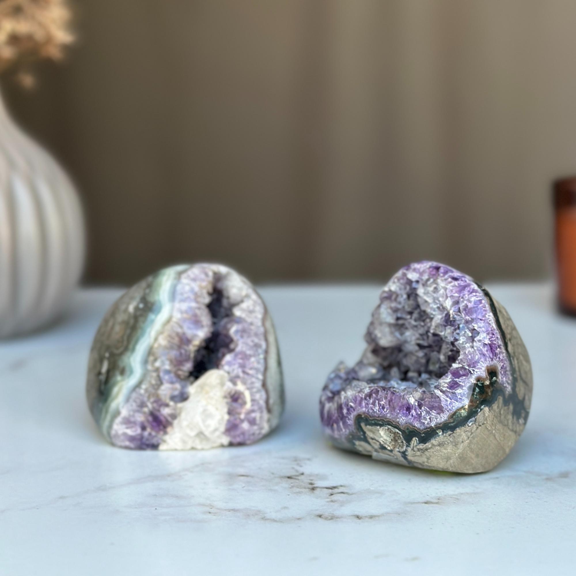 Amethyst Geode Bowl SET, Natural Deep Purple Amethyst Crystal Round Shaped Cluster, Home Decor Crystal Geode Cave