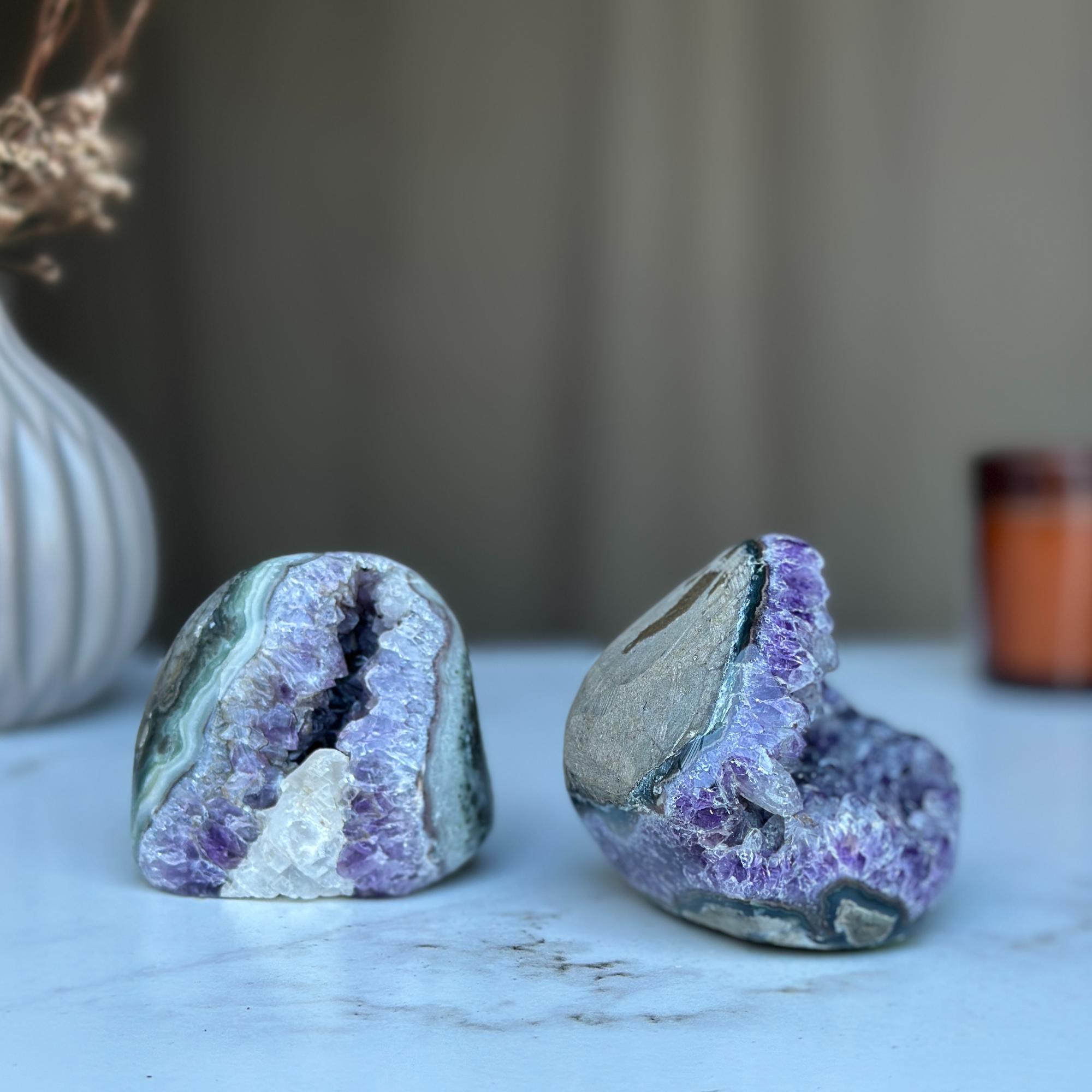 Amethyst Geode Bowl SET, Natural Deep Purple Amethyst Crystal Round Shaped Cluster, Home Decor Crystal Geode Cave