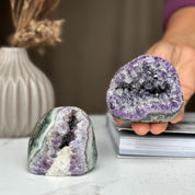 Amethyst Geode Bowl SET, Natural Deep Purple Amethyst Crystal Round Shaped Cluster, Home Decor Crystal Geode Cave