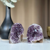 Deep Purple Amethyst Geode set with Agate formations at edges