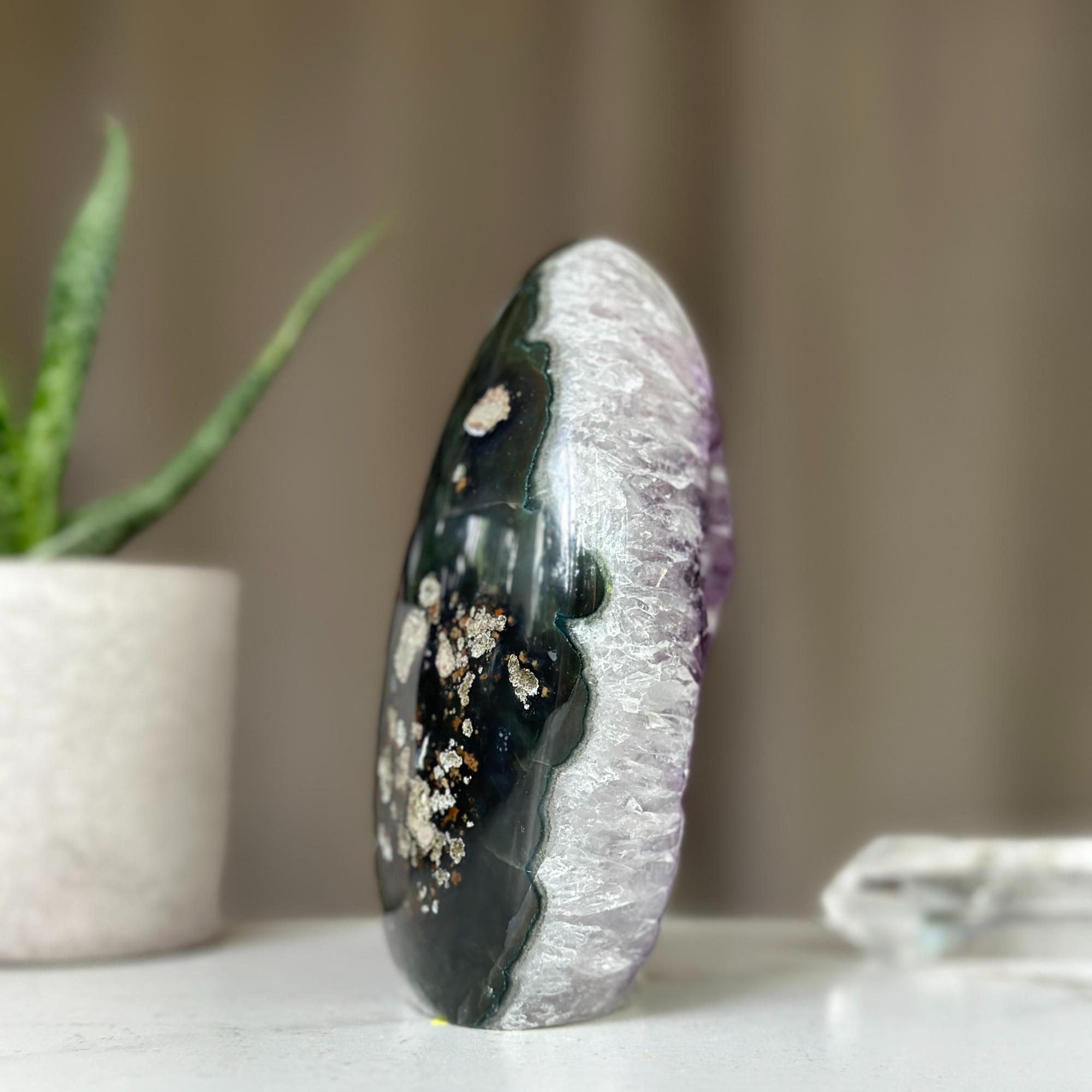 Amethyst Geode Crystal Egg with incredible Agate formations, Natural cave shaped polished agate stone