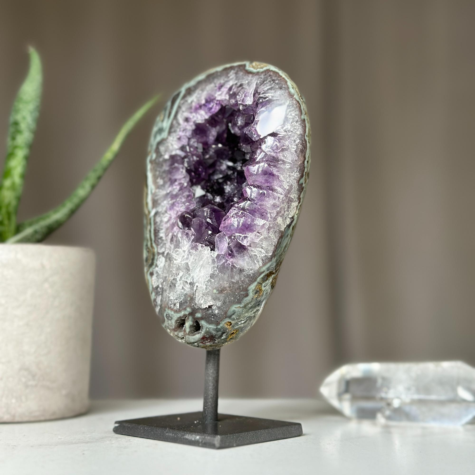Deep Purple Amethyst Crystal Decor piece with metallic base included (6 in tall) Rare crystal for home decoration