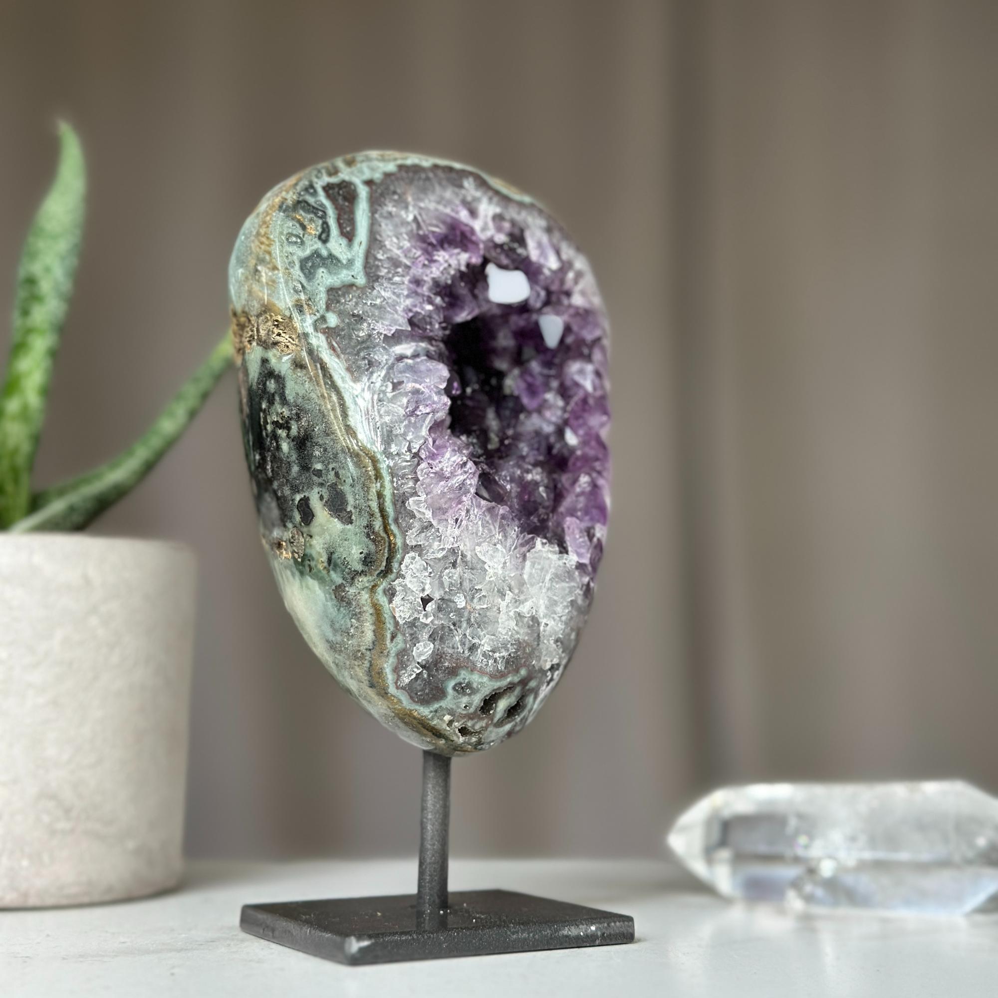 Deep Purple Amethyst Crystal Decor piece with metallic base included (6 in tall) Rare crystal for home decoration