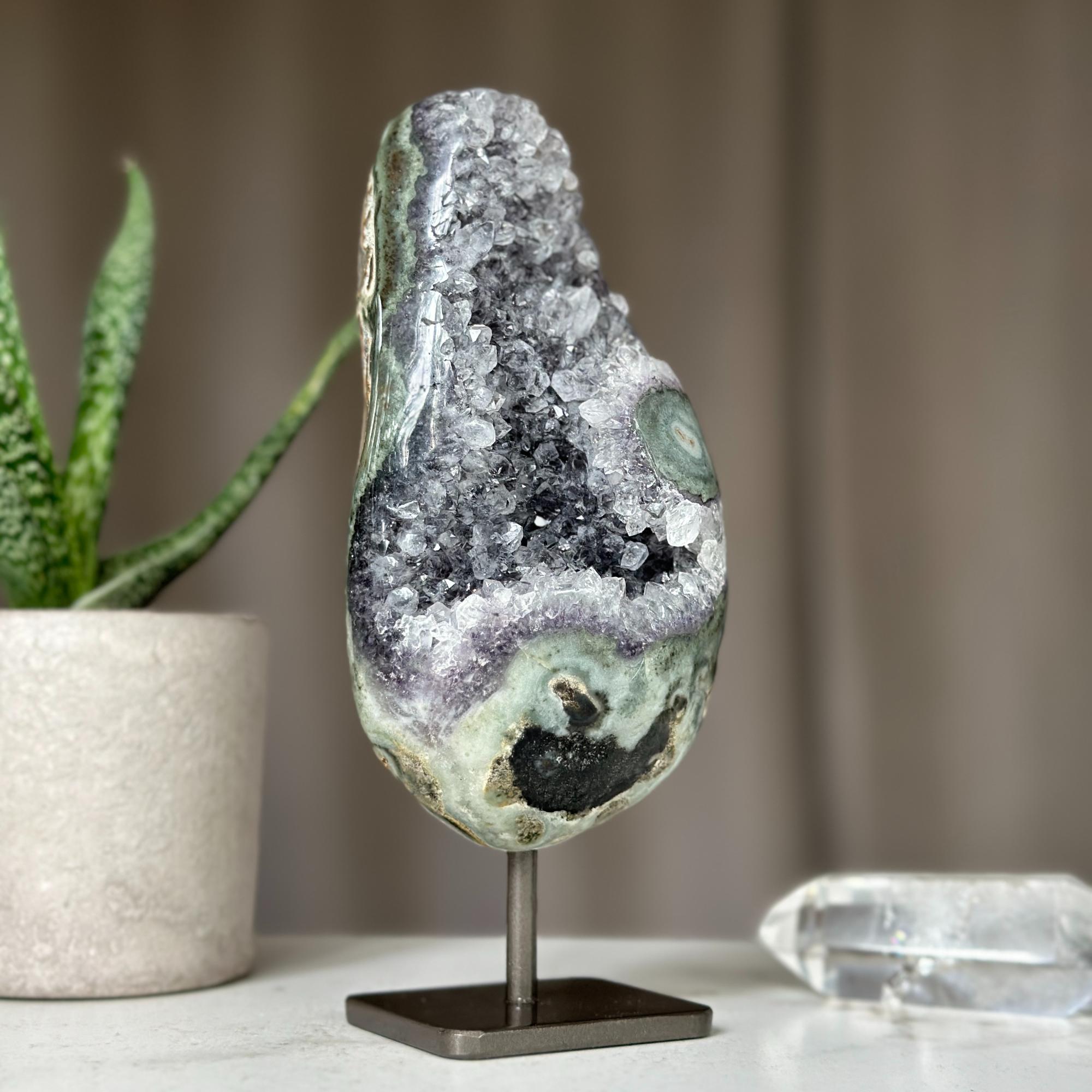 Rare Crystal Amethyst, Geode with metallic base included for home decoration