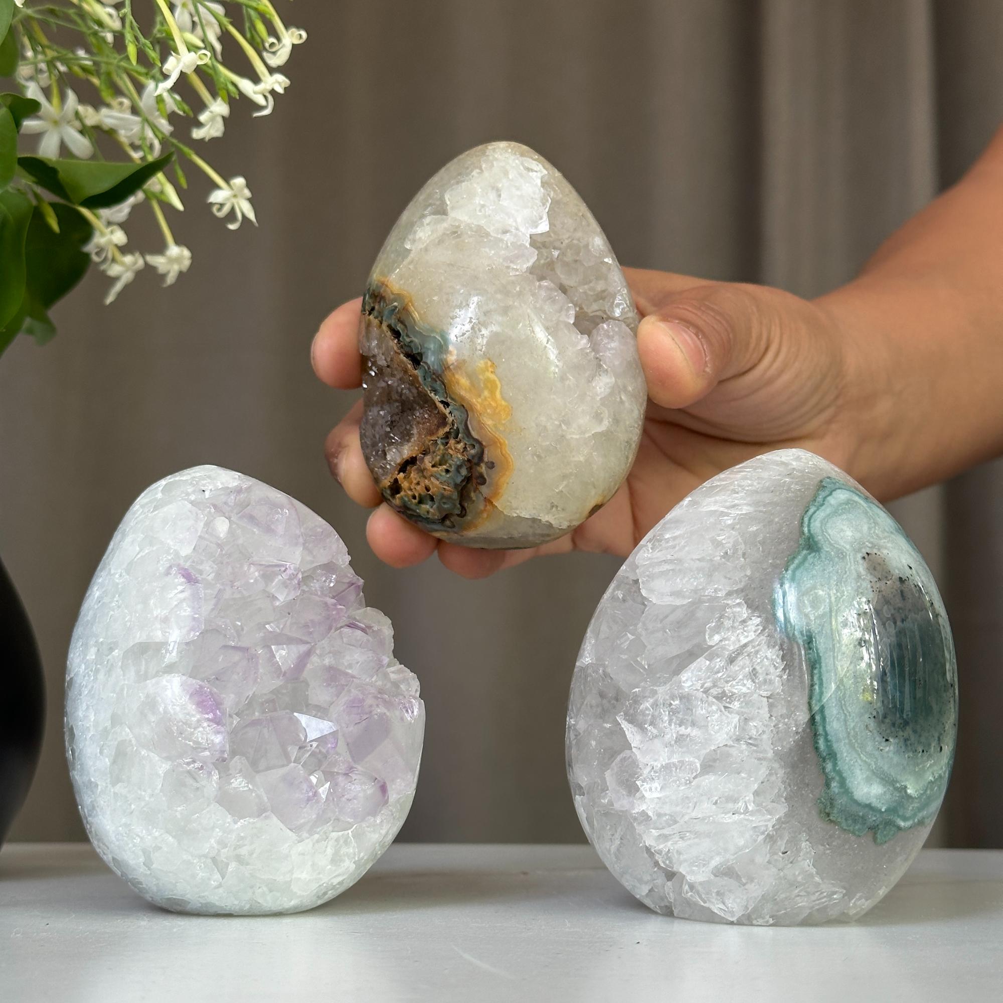 Crystal Egg Set, home decor with crystals, quartz and amethyst eggs
