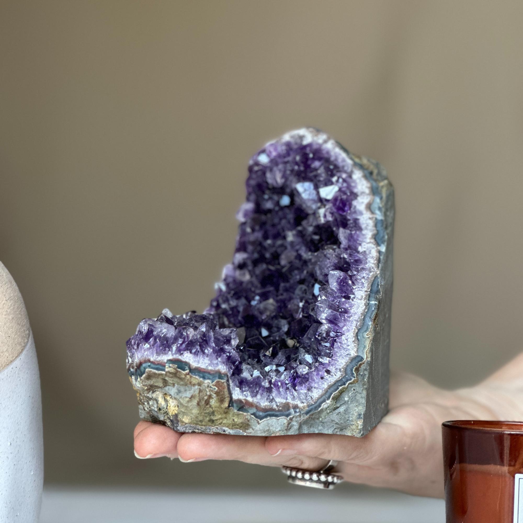 Deep Purple Amethyst cathedral geode, Unique raw crystal cluster, self stand