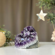 Amethyst stone agate edges, crystal geode from Uruguay, cut base self standing stone