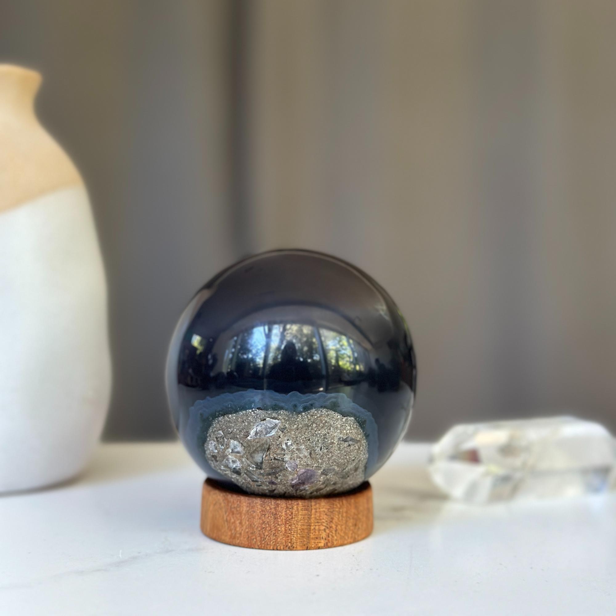 Black Agate Sphere with wood base included