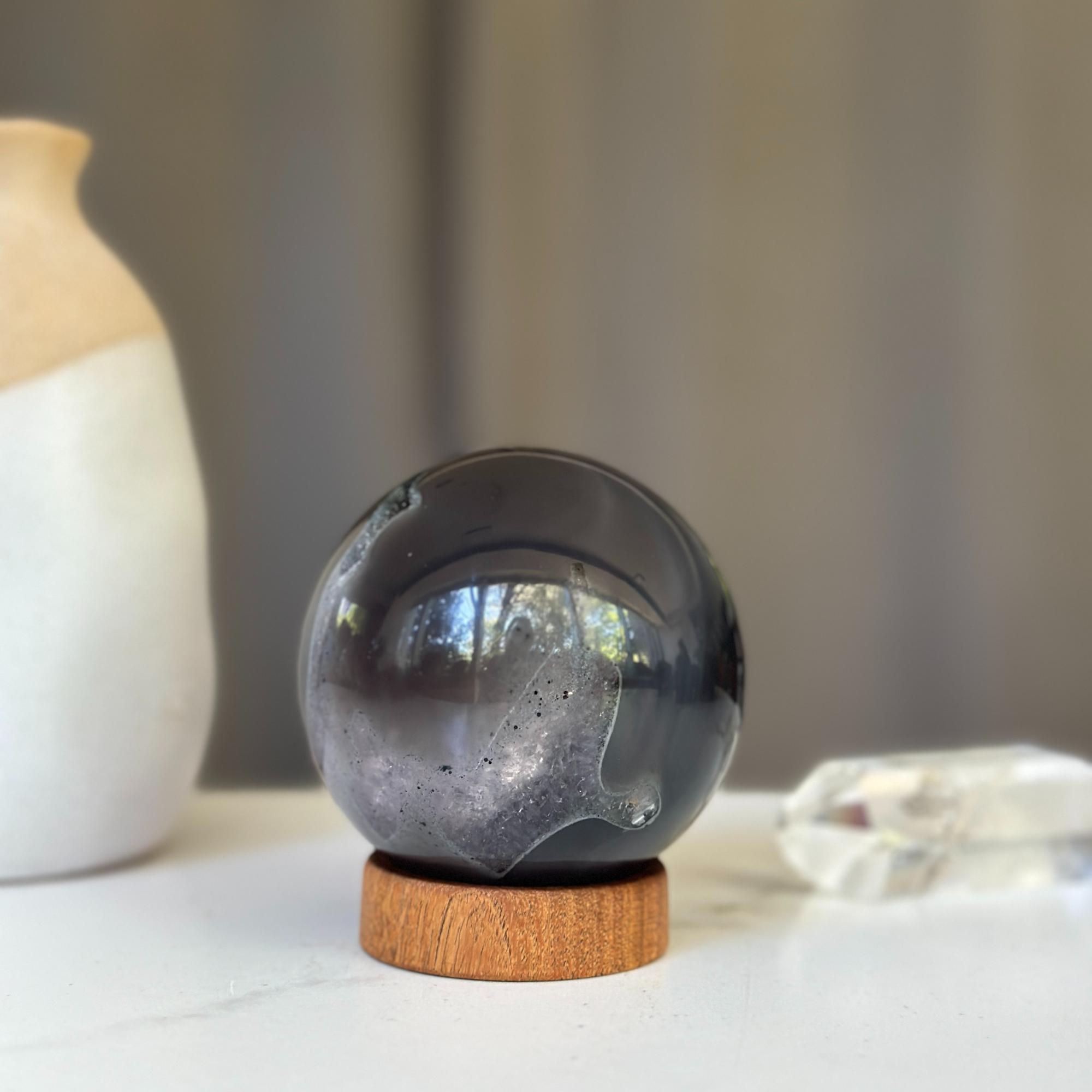 Black Agate Sphere with wood base included