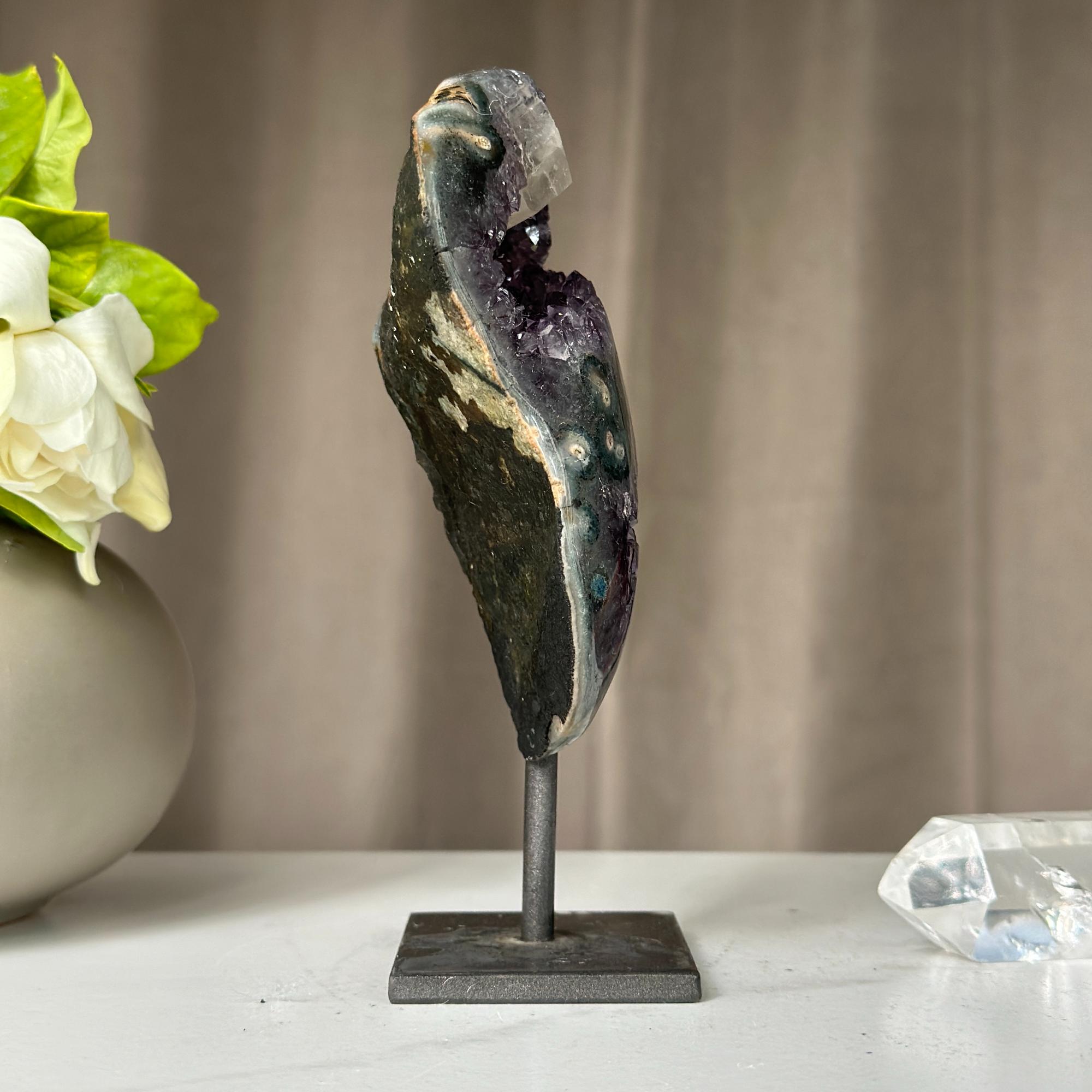 Incredible Amethyst Crystal with Display Stand, Large Druzy piece with stalactite eyes formations