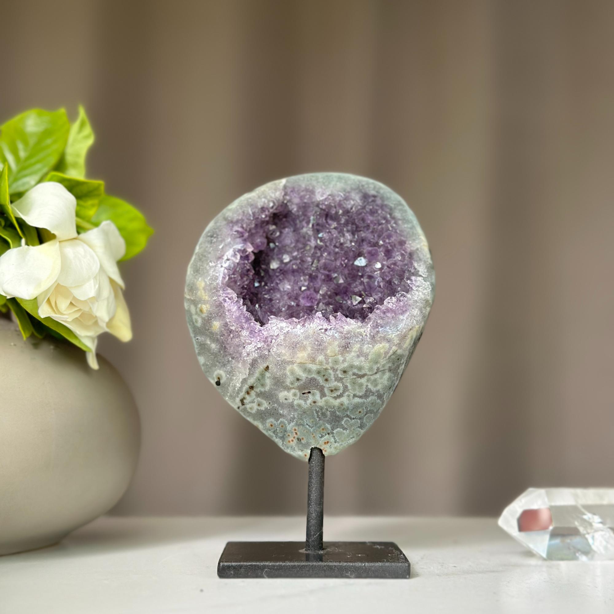 Rare Amethyst and Gray Agate Crystal Decor Piece, Galaxy Amethyst with metallic base included, Stalactite crystal for home decoration