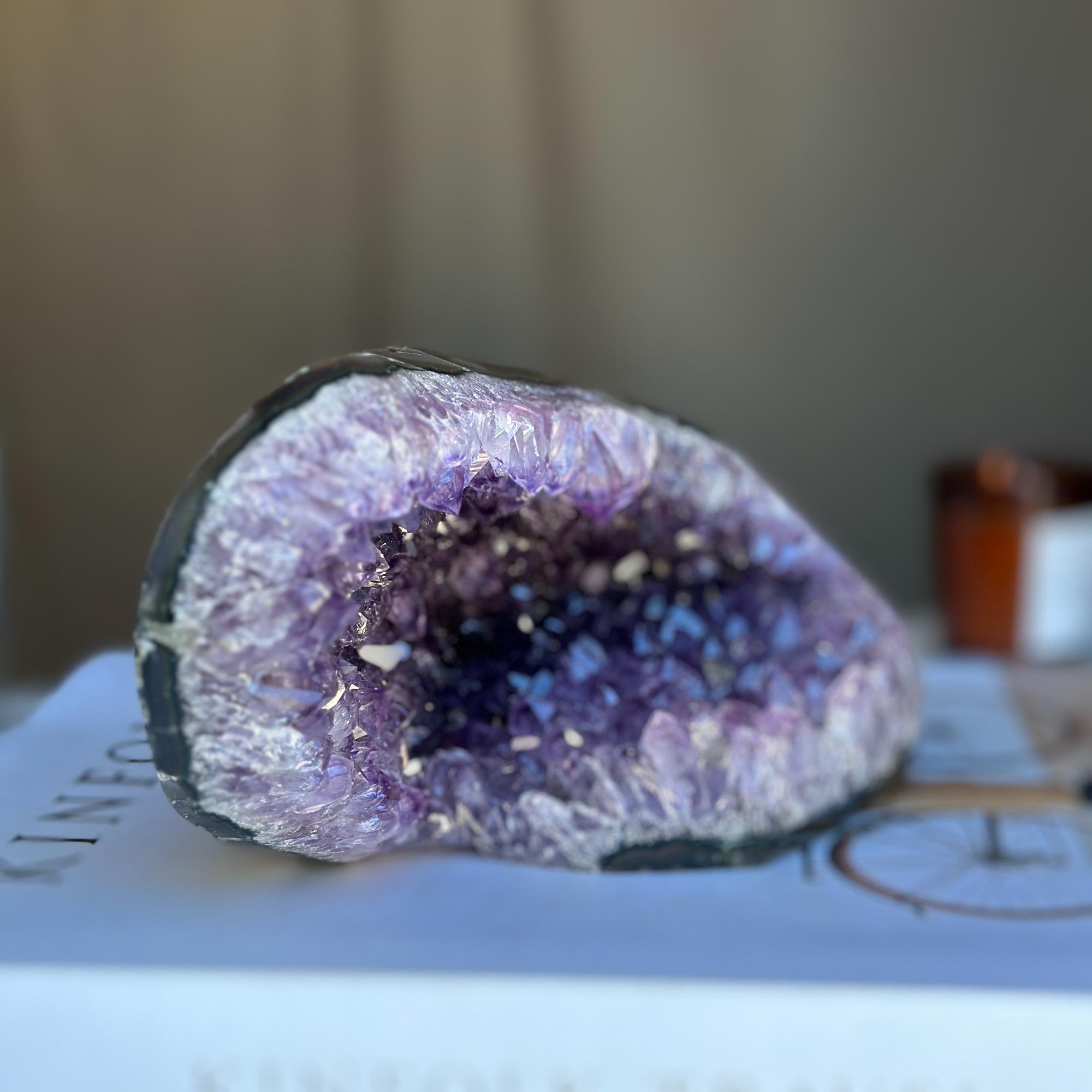 Amethyst Cave Geode with Agate Formations, Deep Purple Project Crystals for Home Decor