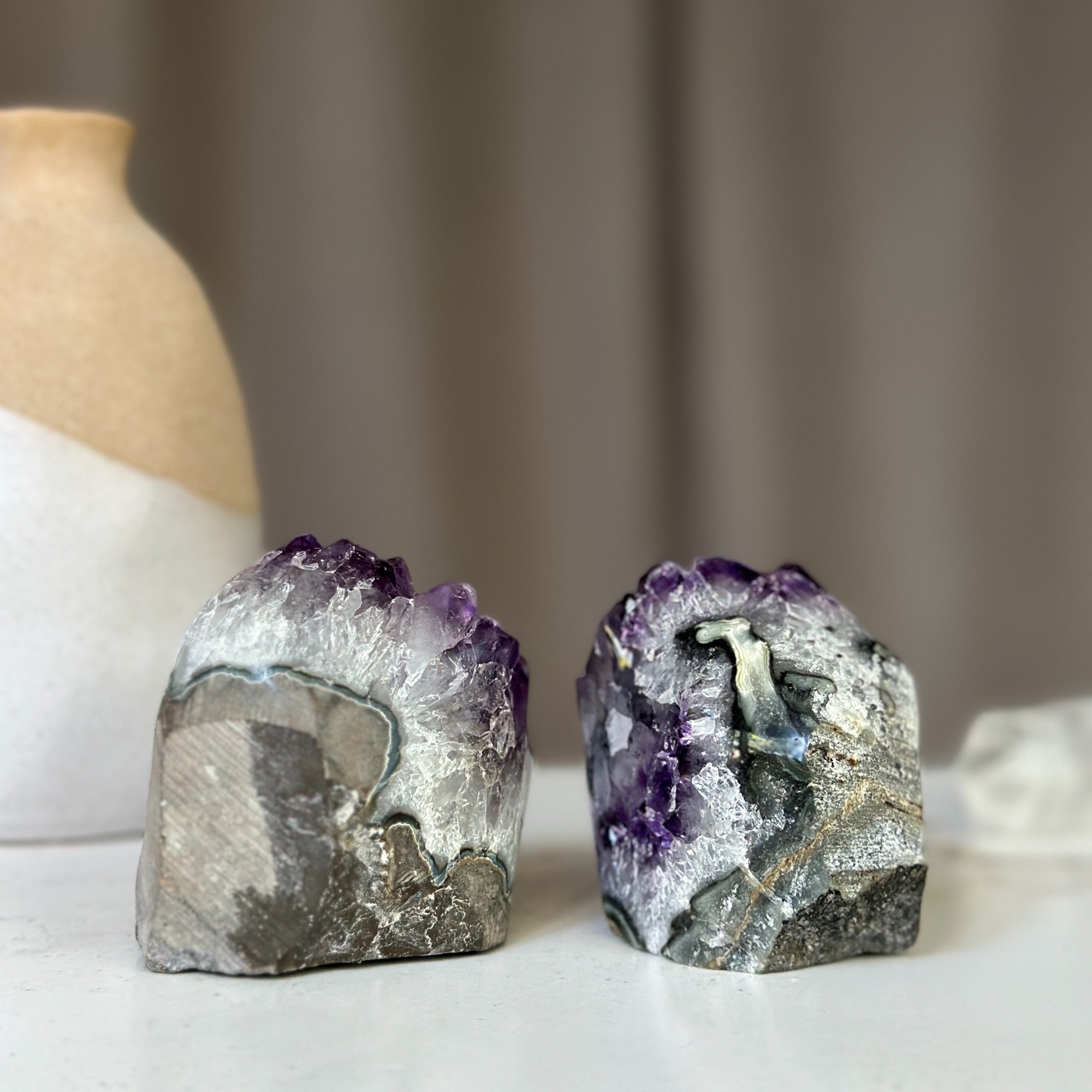 Amethyst clusters with huge Agate layers, 2 pieces set