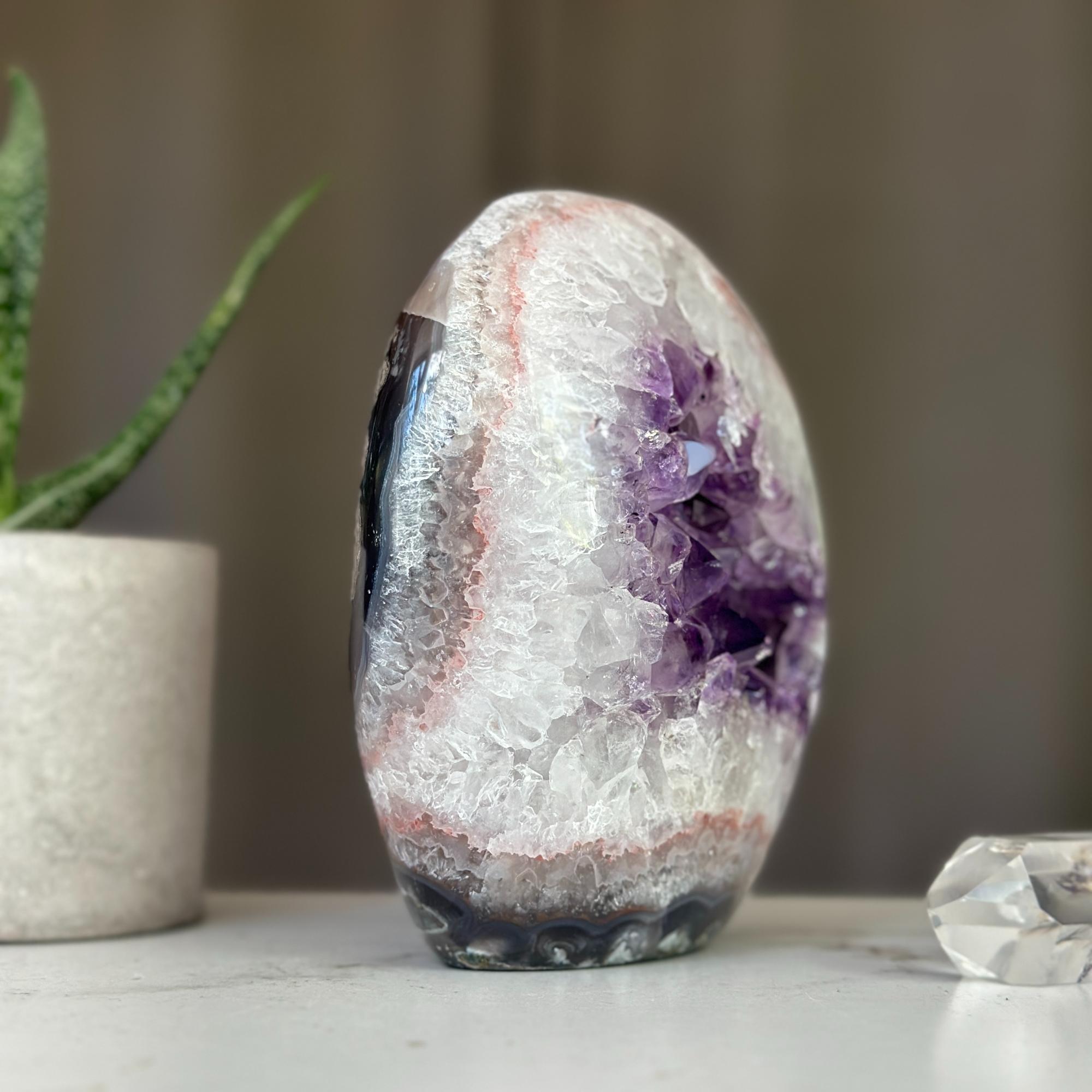 Agate Geode Cave, Oval shaped Egg for collectors, Full polished crystal stone, AAA Stunning decor piece
