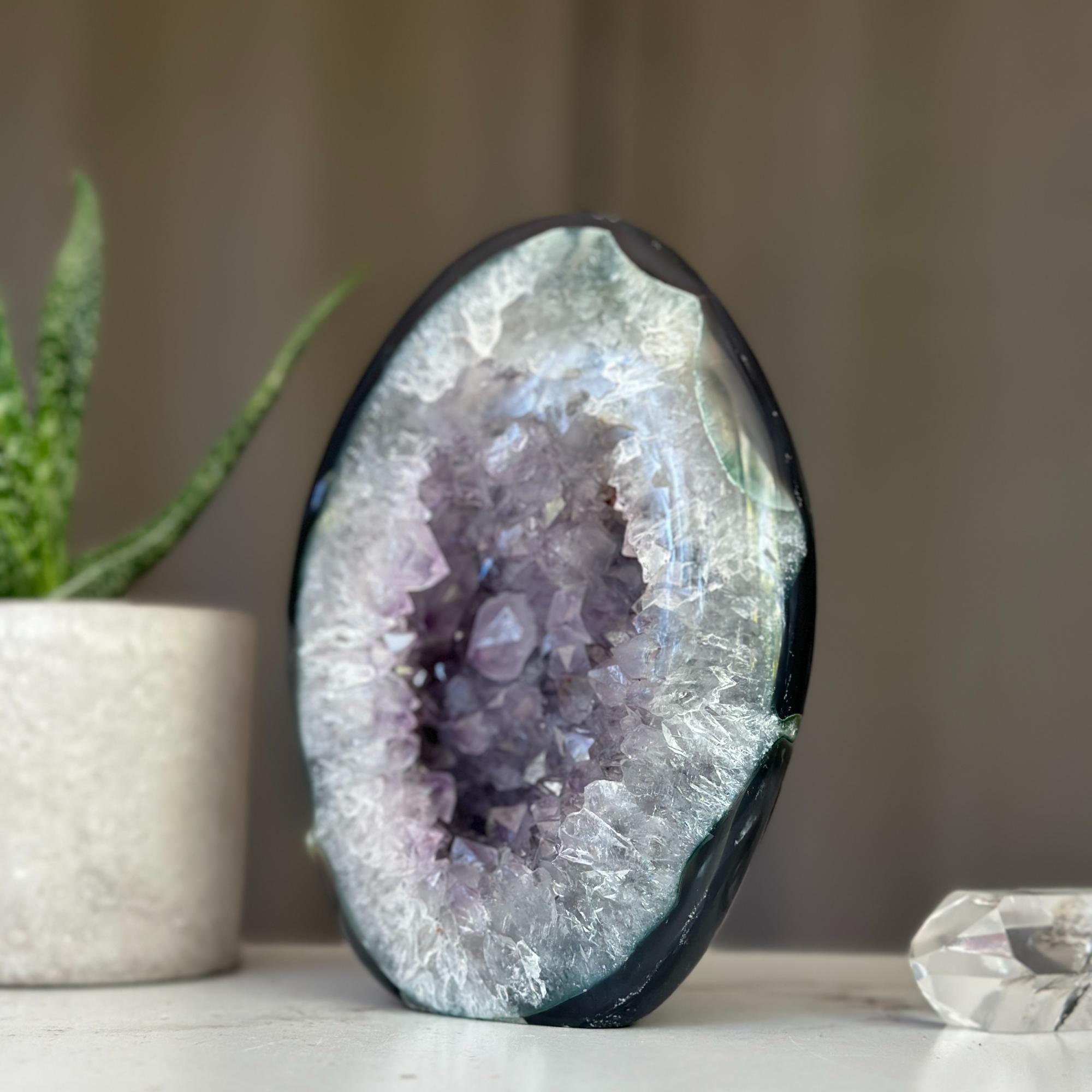 Superb Amethyst Crystal Geode with Agate formations, 7 in tall Extra Large Amethyst Cave, Oval Shaped Stone Polished at edges