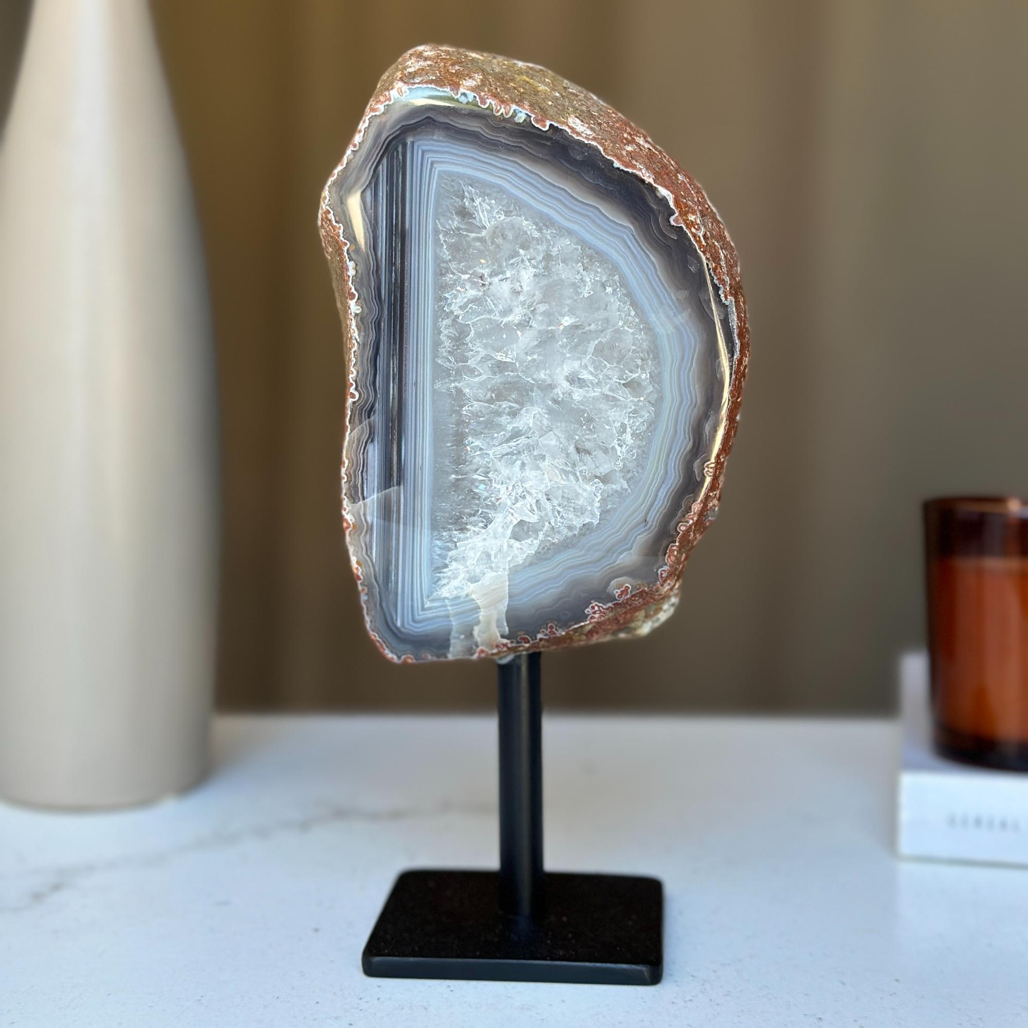 Rare Agate Slice, Geode with metallic base included for home decoration