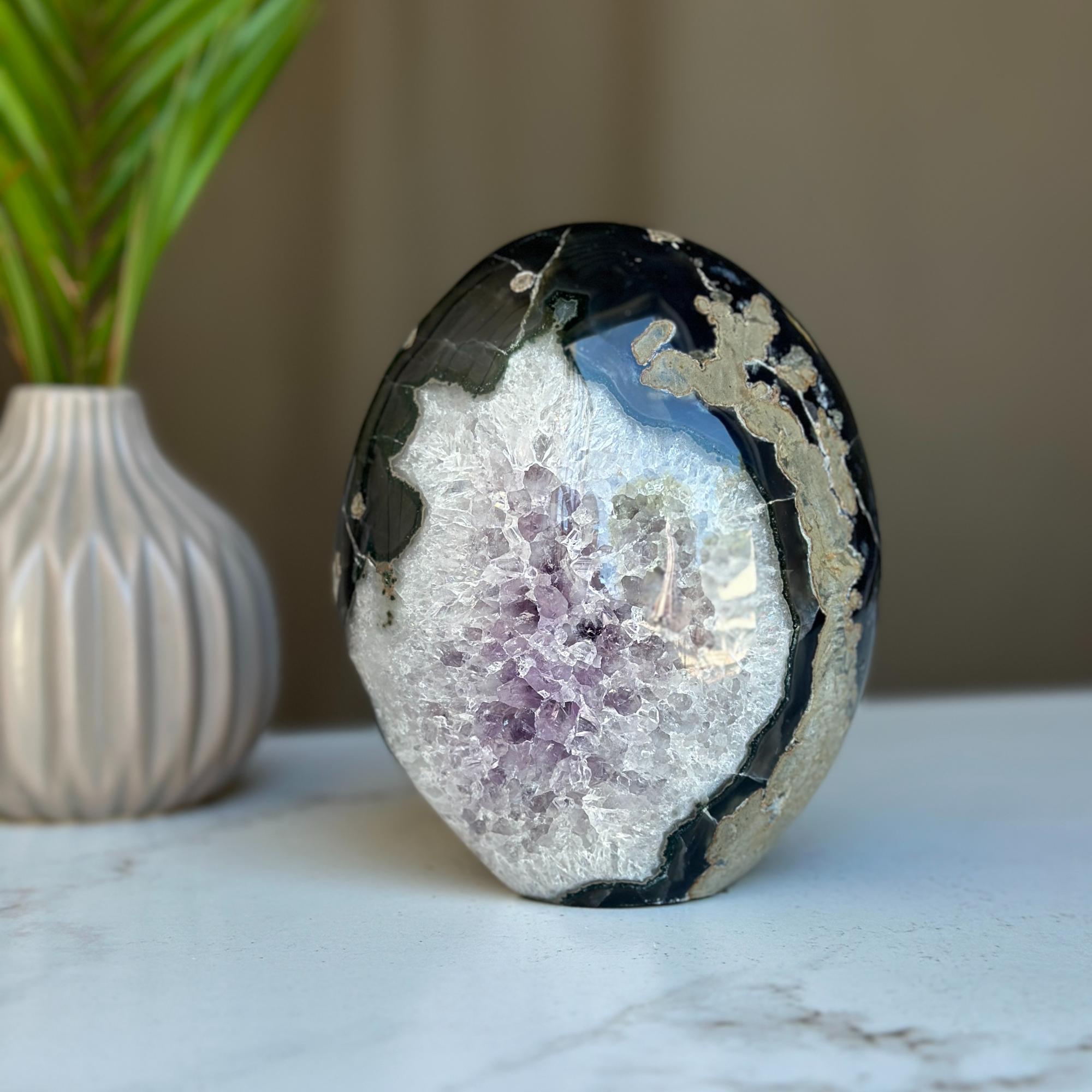 Amethyst Crystal Egg, Natural color crystal, decorative collectors unique piece with agate