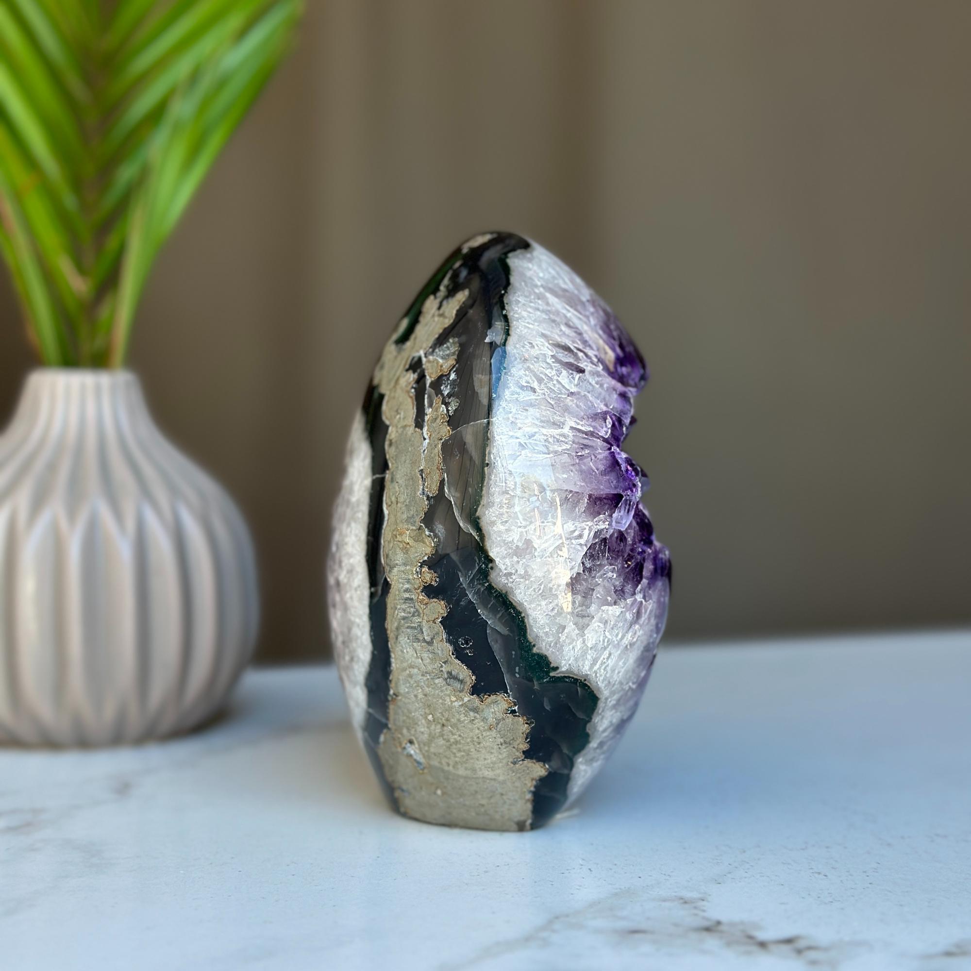 Amethyst Crystal Egg, Natural color crystal, decorative collectors unique piece with agate
